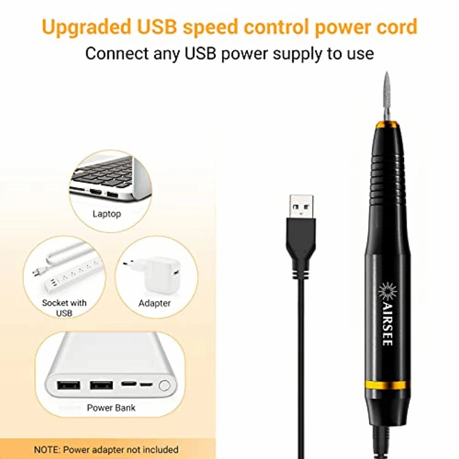 AIRSEE USB Portable Electric Nail Drill Professional Efile Kit for Acrylic, Gel Nails, Polishing Shape Tools   Ceramic Nail Drill Bits Set Fit for Most Drill Machine Professional Acrylic Nail Drill B