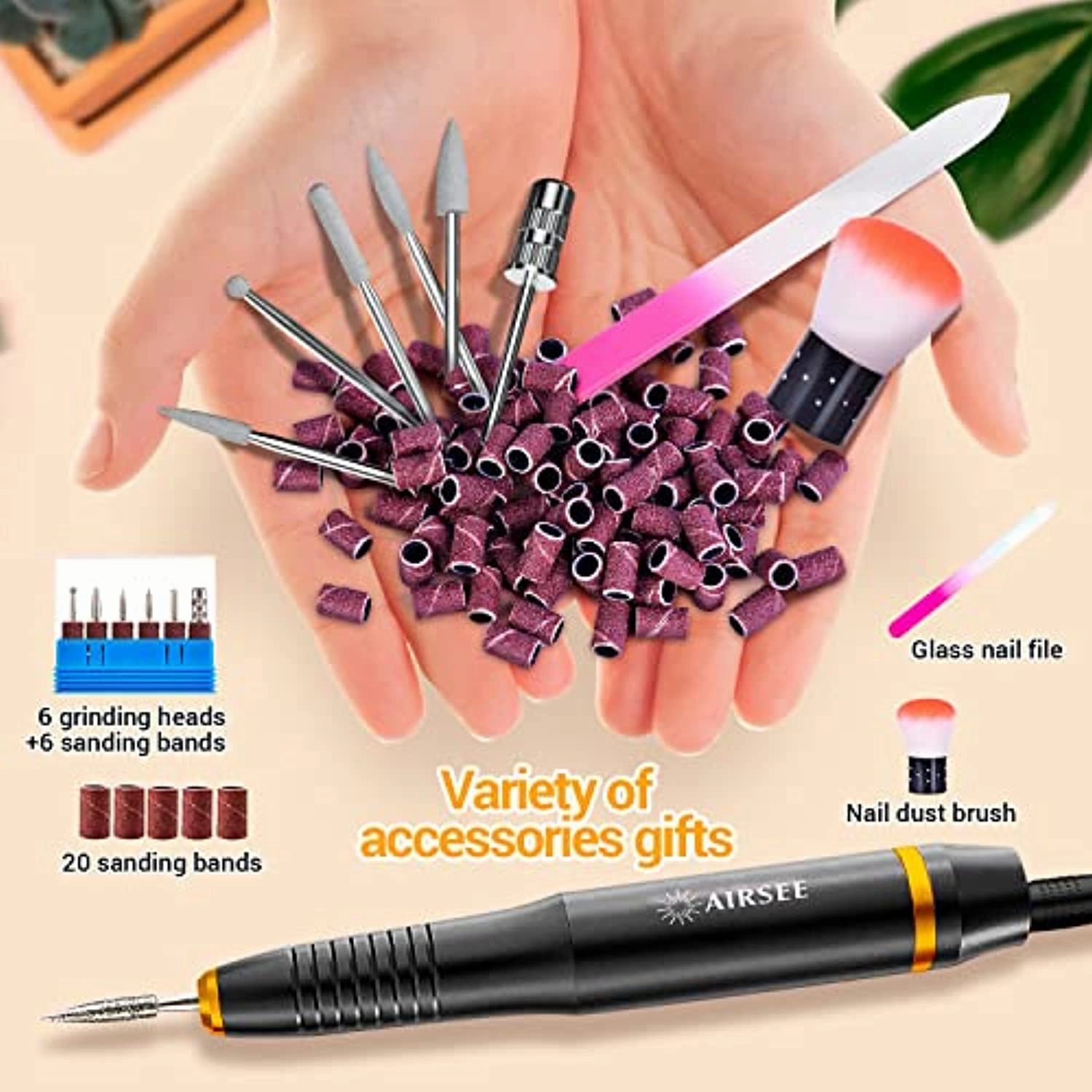 AIRSEE USB Portable Electric Nail Drill Professional Efile Kit for Acrylic, Gel Nails, Polishing Shape Tools   Ceramic Nail Drill Bits Set Fit for Most Drill Machine Professional Acrylic Nail Drill B