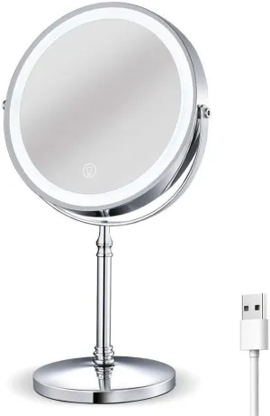 Bathroom Mirror Rechargeable Lighted Makeup Mirror, 8 Inch Double Sided 1x/10x Magnifying Tabletop Vanity Mirror, Touch Sensor Dimming, 360 Degree Swivel Cosmetic Mirror, Cord/Cordless, Chrome