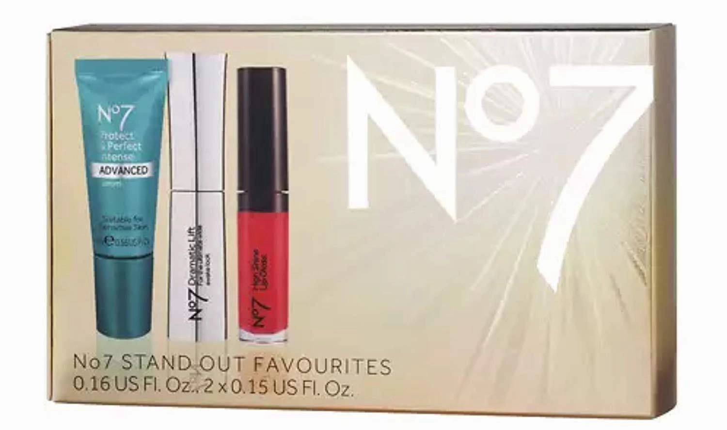 Boots No7 Stand Out Favorites Gift Box including Protect and Perfect Intense Advance Serum, High Shine Lip Gloss Roaring Red and Dramatic Lift Mascara Black