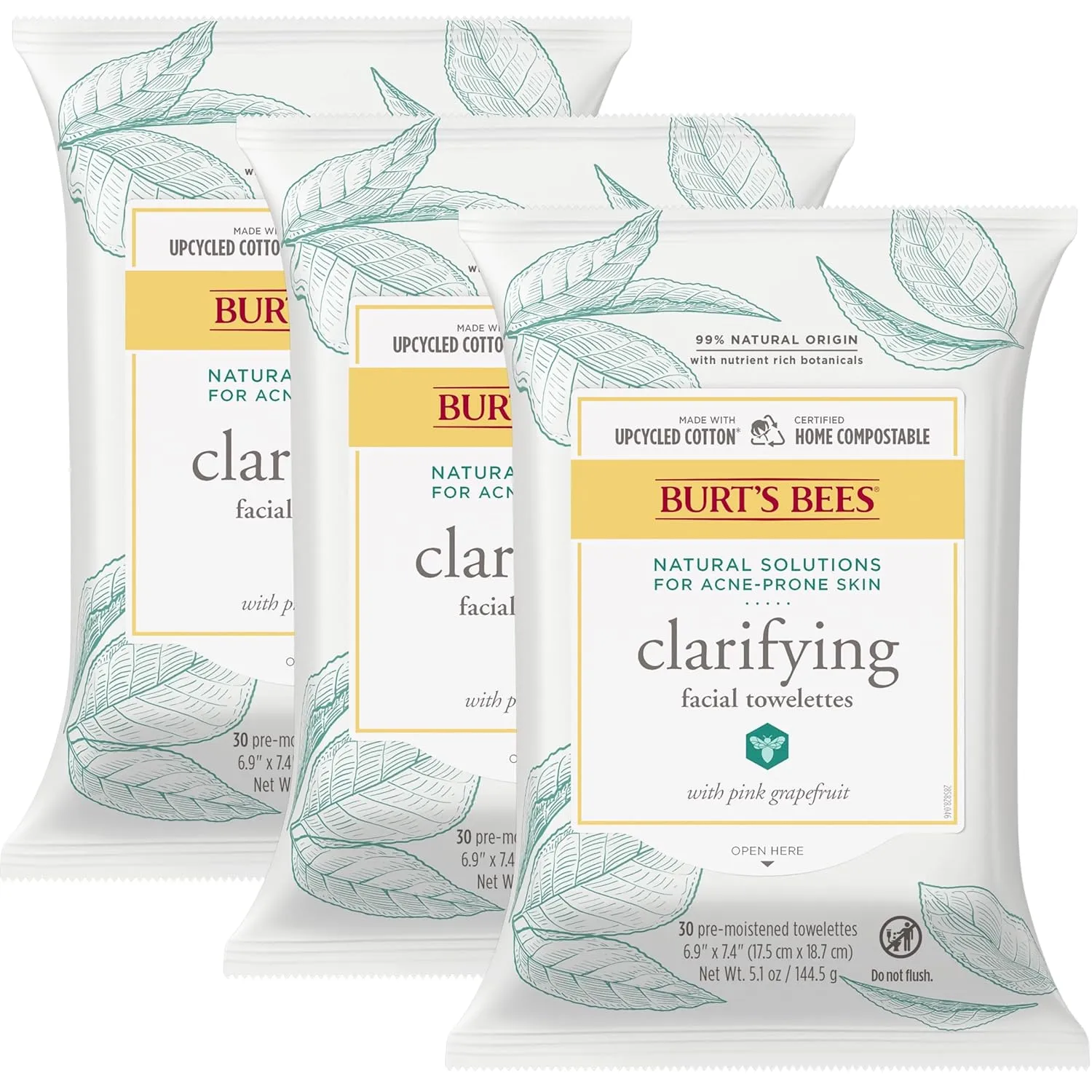 Burt's Bees Clarifying Facial Cleanser Towelettes for Acne-prone Skin, Pink Grapefruit, 30 Count, Pack of 3