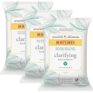 Burt's Bees Clarifying Facial Cleanser Towelettes for Acne-prone Skin, Pink Grapefruit, 30 Count, Pack of 3