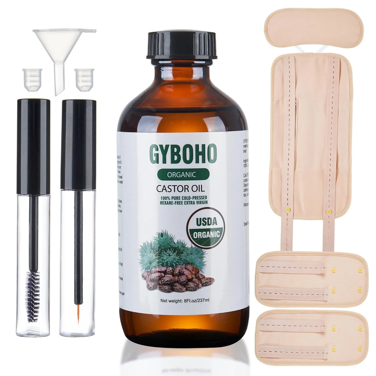 Castor Oil Organic Cold Pressed Unrefined Glass Bottle,Castor Oil Pack Wrap Organic Cotton for Stomach-Neck-Abdomen -Knee-Arm.organic castor oil for Hair Growth -Face-Lashes & Eyebrows