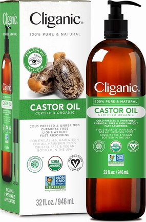 Cliganic Organic Castor Oil, 100% Pure (32oz with Eyelash Kit) - For Eyelashes, Eyebrows, Hair & Skin | Natural Cold Pressed Unrefined Hexane-Free