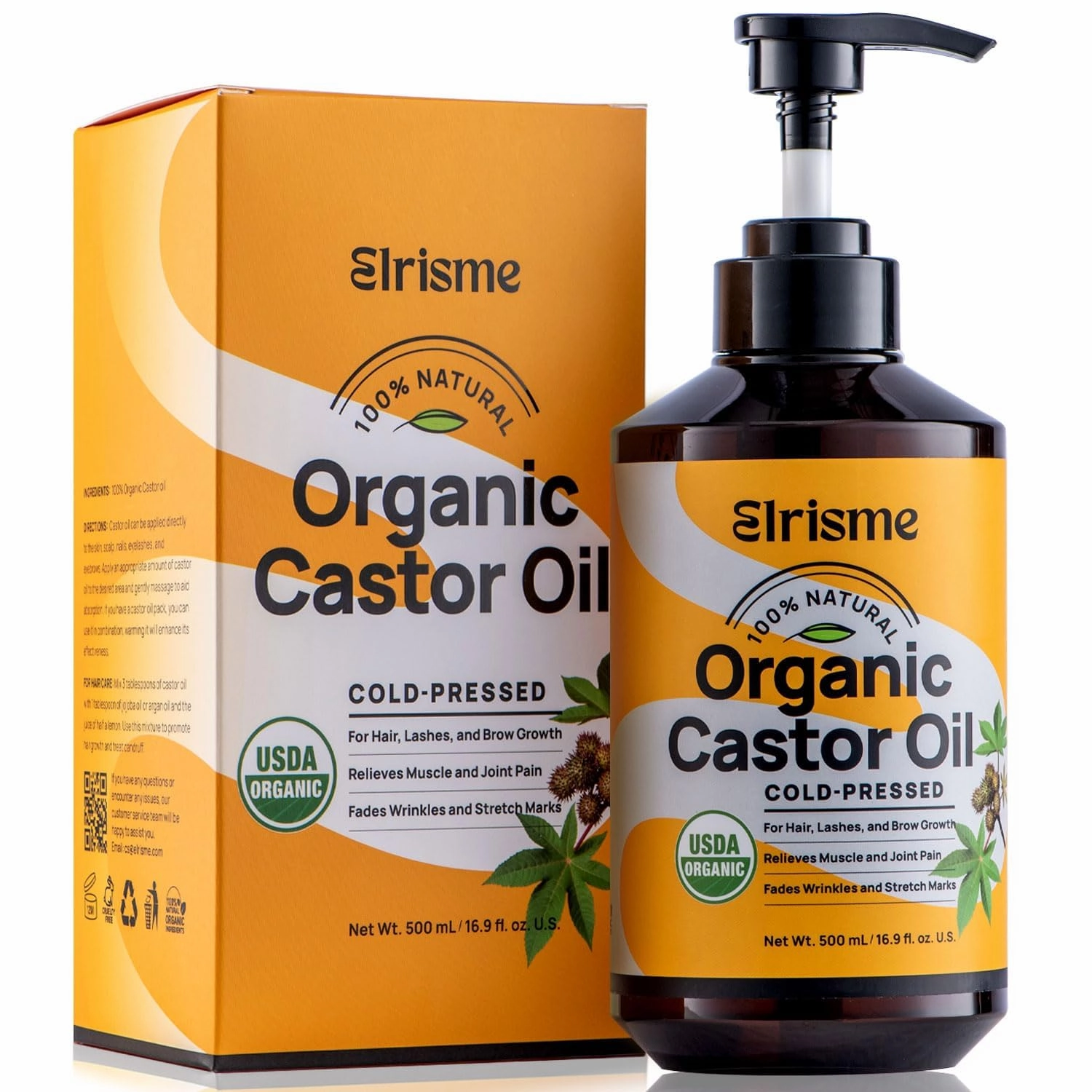 Cold Pressed Organic Castor Oil, Organic Black Castor Oil Hair Growth Serum for Eyelashes and Eyebrows, USDA 100% Pure Organic Castor Oil Non-Glass Bottle, Hexane-Free - 16 Oz