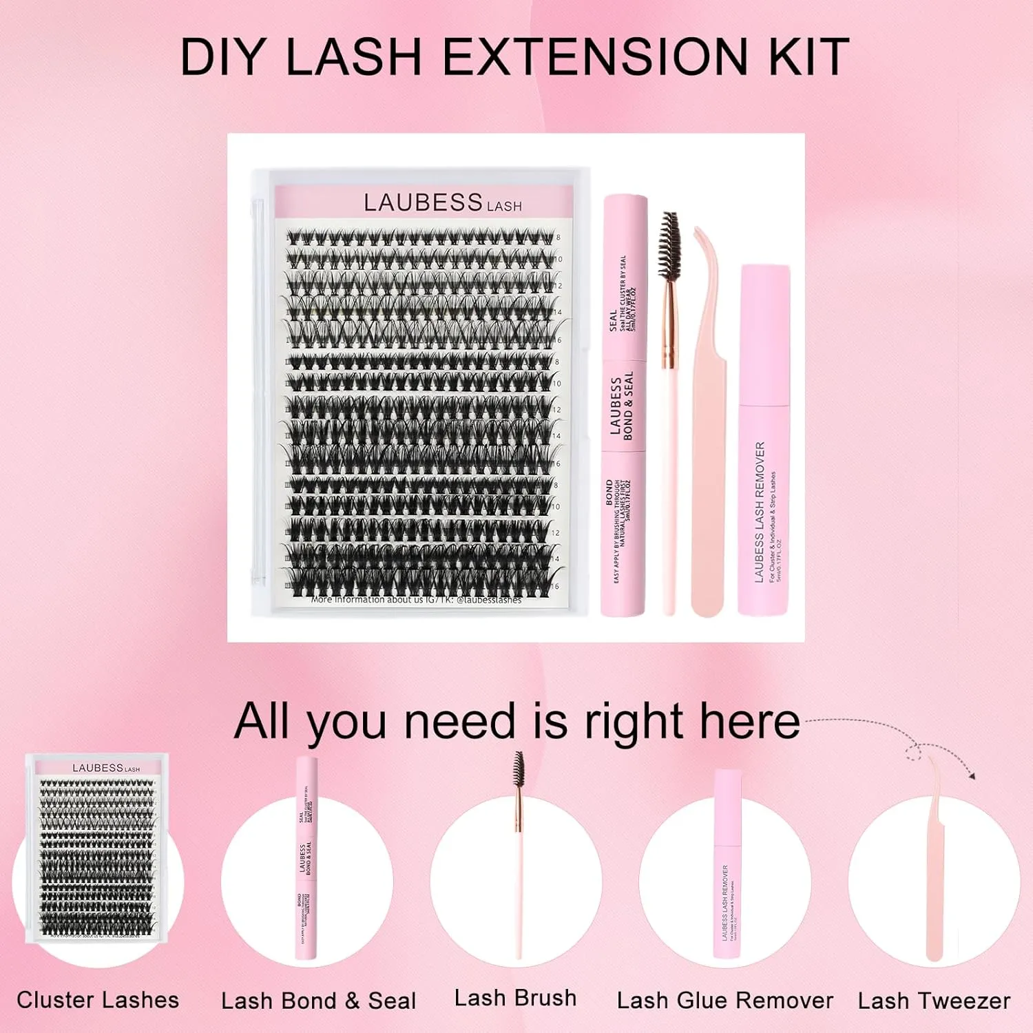DIY Lash Extension Kit Bond and Seal Lash Glue Remover 300 Pcs Lash Clusters Kit Mascara Wands Eyelash Extension Kit Eyelash Tweezers Individual Lashes Kit (Set 20D/40D/50D-0.07D-8-16Mix)