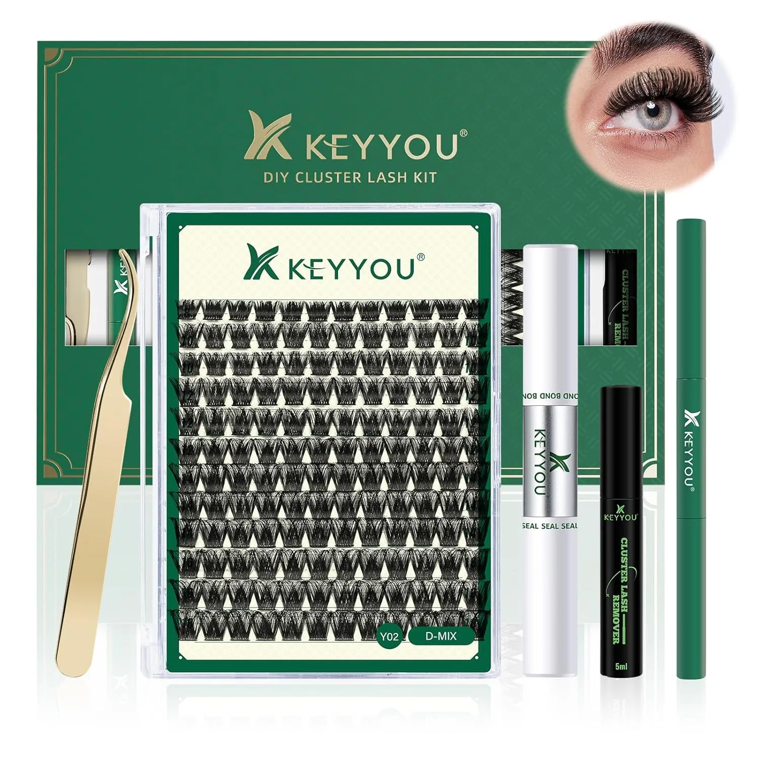 DIY Lash Extension Kit KEYYOU 144pcs Lash Clusters Eyelash Extension Kit with Mascara Brush Bond and Seal Lash Glue Remover Lash Applicators Lash Brush Clean Pad for DIY Lash Extensions (Y02 Kit)