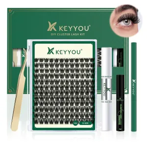 DIY Lash Extension Kit KEYYOU 144pcs Lash Clusters Eyelash Extension Kit with Mascara Brush Bond and Seal Lash Glue Remover Lash Applicators Lash Brush Clean Pad for DIY Lash Extensions (Y02 Kit)