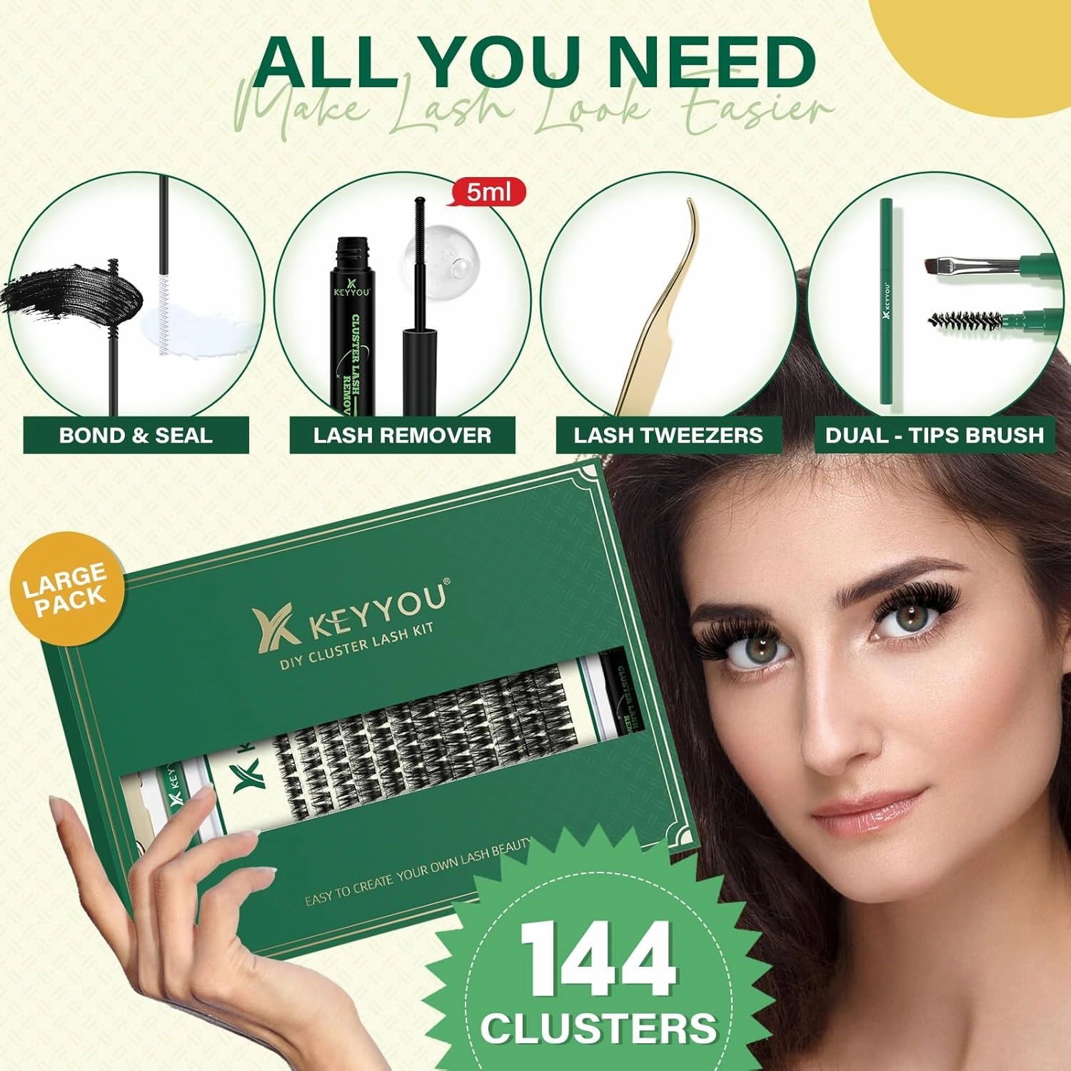 DIY Lash Extension Kit - 144pcs Clusters, Mascara Brush, Bond and Seal, Glue Remover, Applicators, Brush, Clean Pad (Y40 Kit)