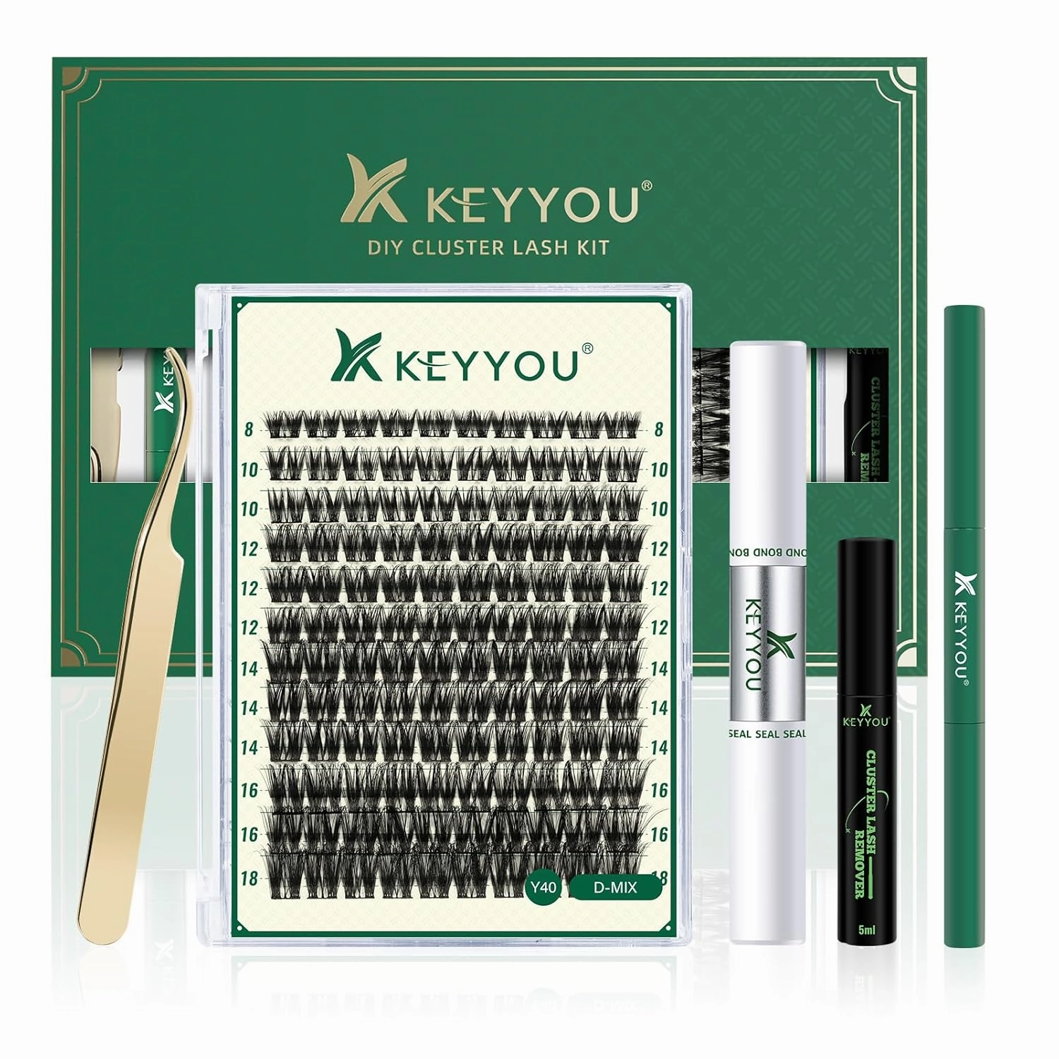 DIY Lash Extension Kit - 144pcs Clusters, Mascara Brush, Bond and Seal, Glue Remover, Applicators, Brush, Clean Pad (Y40 Kit)