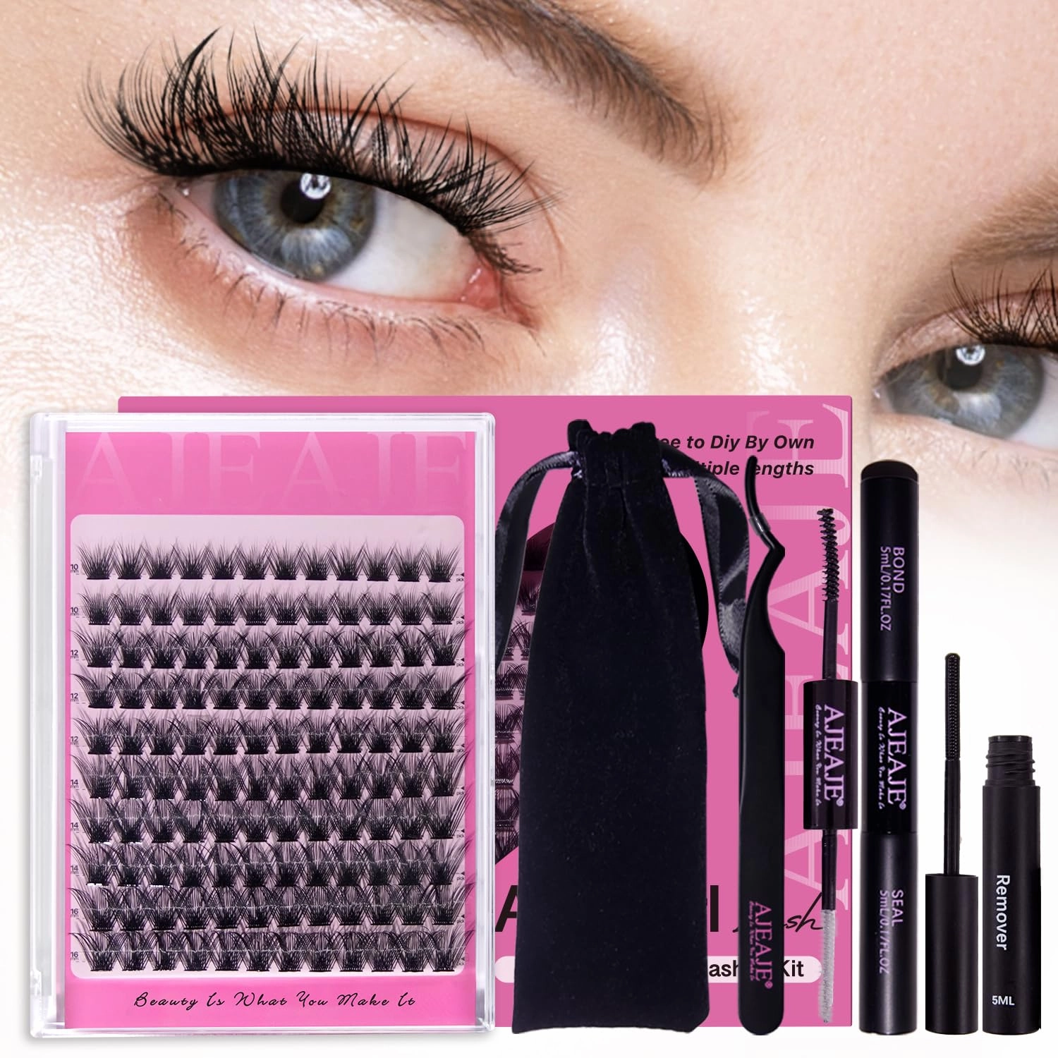 DIY Lash Extension Kit Faux Mink 120pcs Lash Clusters Eyelash Extension Kit with Mascara Brush Bond and Seal Lash Glue Remover for DIY Lash Extensions (10mm-16mm)