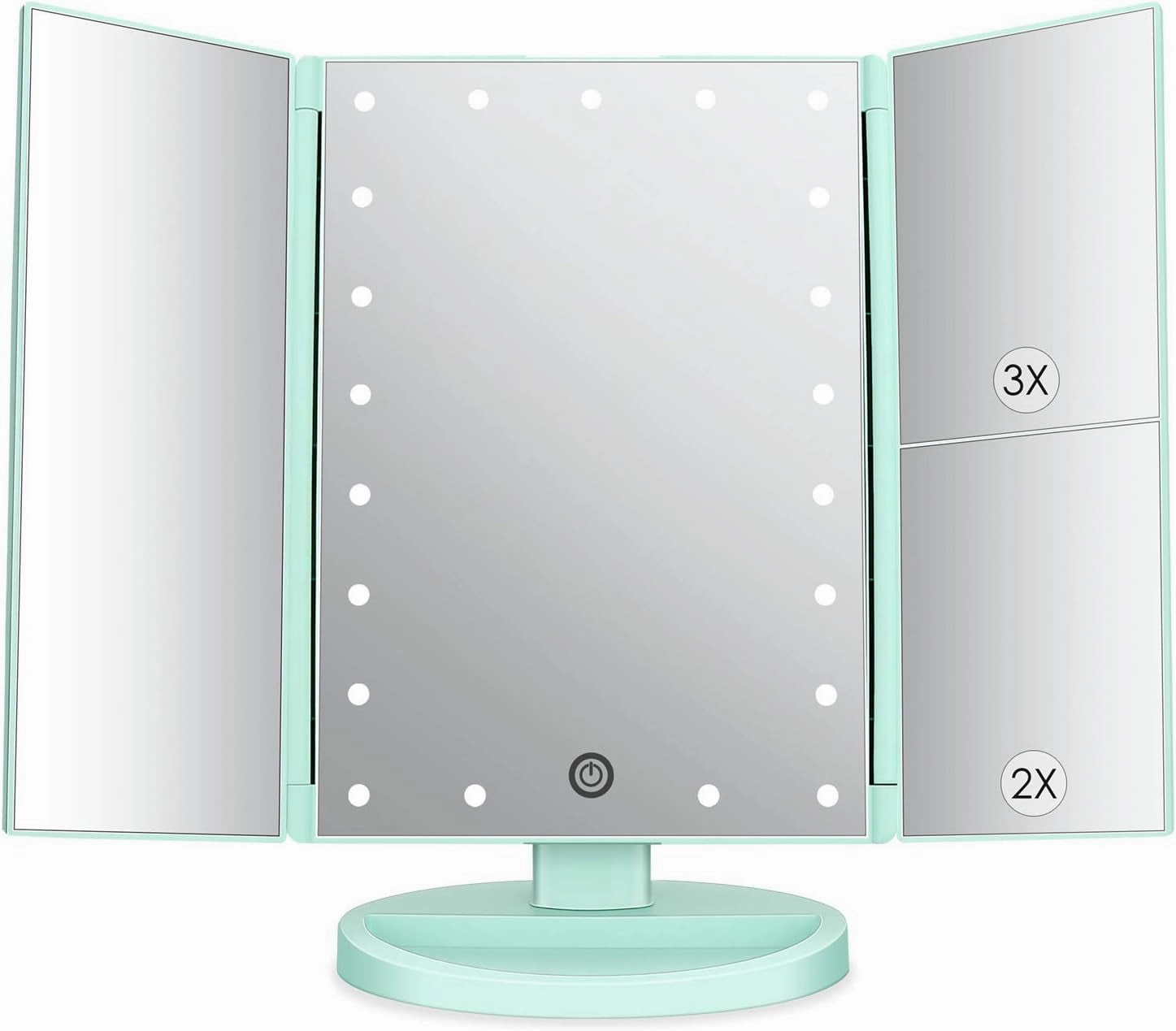 Dresser Mount Tri-Fold Lighted Vanity Mirror with 21 LED Lights, Touch Screen and 3X/2X/1X Magnification, Two Power Supply Modes Make up Mirror,Travel Mirror