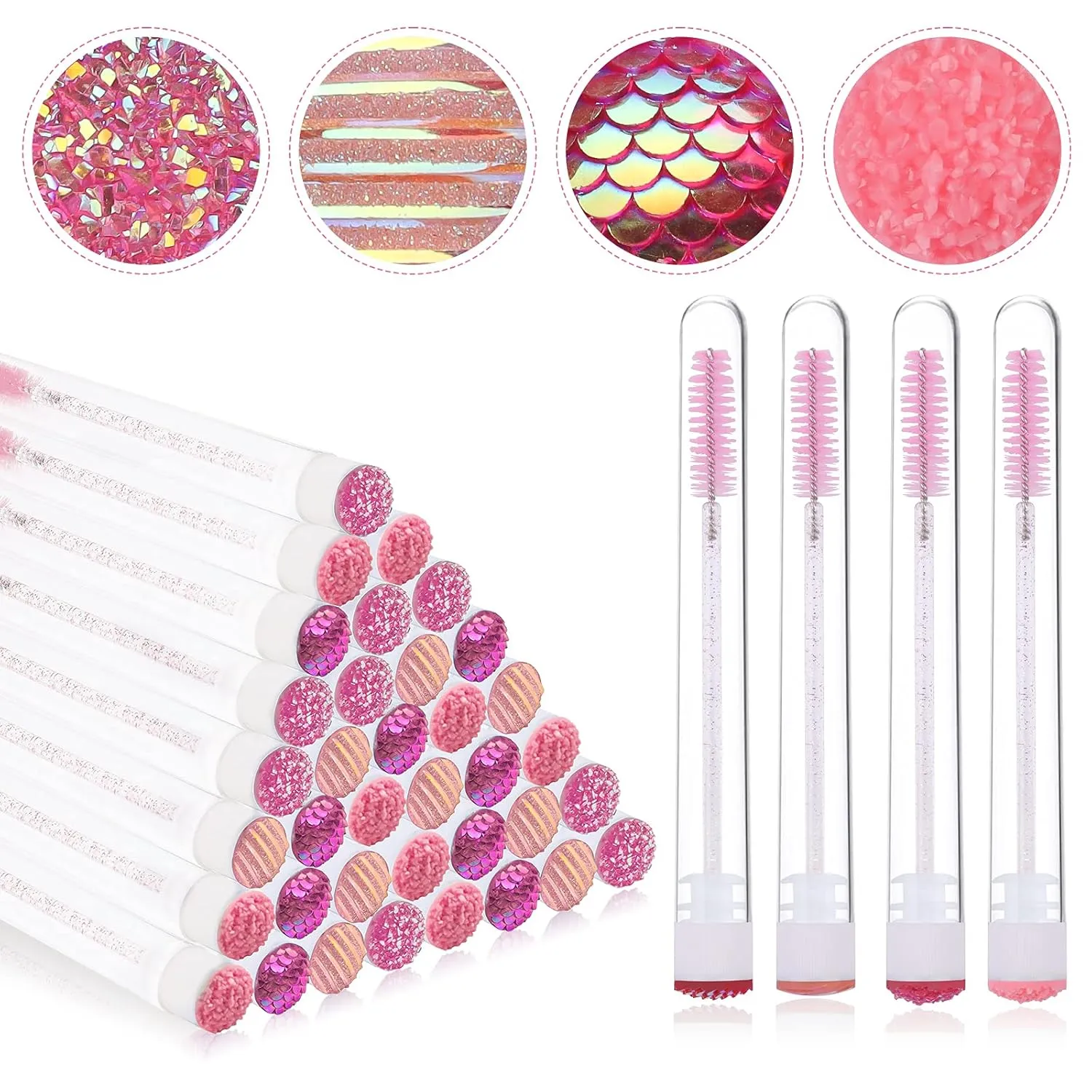 EBANKU 40 Pcs Pink Mascara Brushes Tubes Set 40Pcs Reusable Diamond Empty Mascara Wand Tube 40Pcs Disposable Crystal Eyelash Brush Mascara Wands Spoolies for Women Girls Makeup