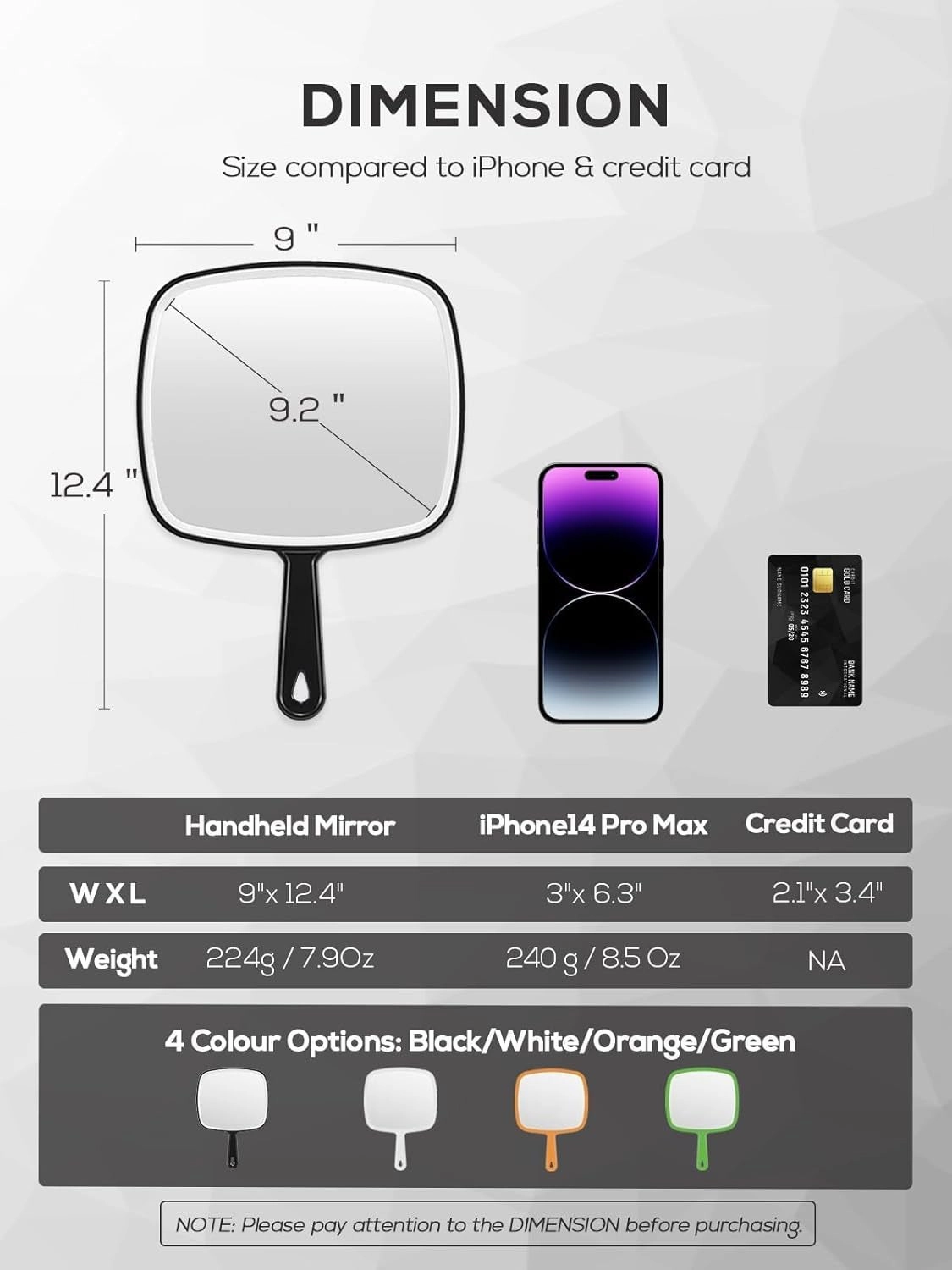 Extra Large Handheld Mirror，Hand Salon Mirror with Handle for Barbers, Hairdressing (Black，12.4" Lx 9" W)