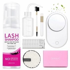 Eyelash Extension Cleanser Kit with 60ml Eyelash Shampoo, Lash Cleaning Kit with USB Fan, Eye Gel Pads, Mascara Brushes Micro Brushes, Lash Cleanser for Extensions Perfect for Salon Home Use