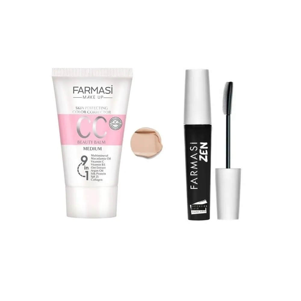 FARMASi Makeup CC Cream 1,7 Fl Oz (Medium), Pure, Natural and Flawless Finish, Medium to Full Coverage, All-Day Hold, All Skin Types, Zen Mascara Extension Lash 0.27 fl.oz