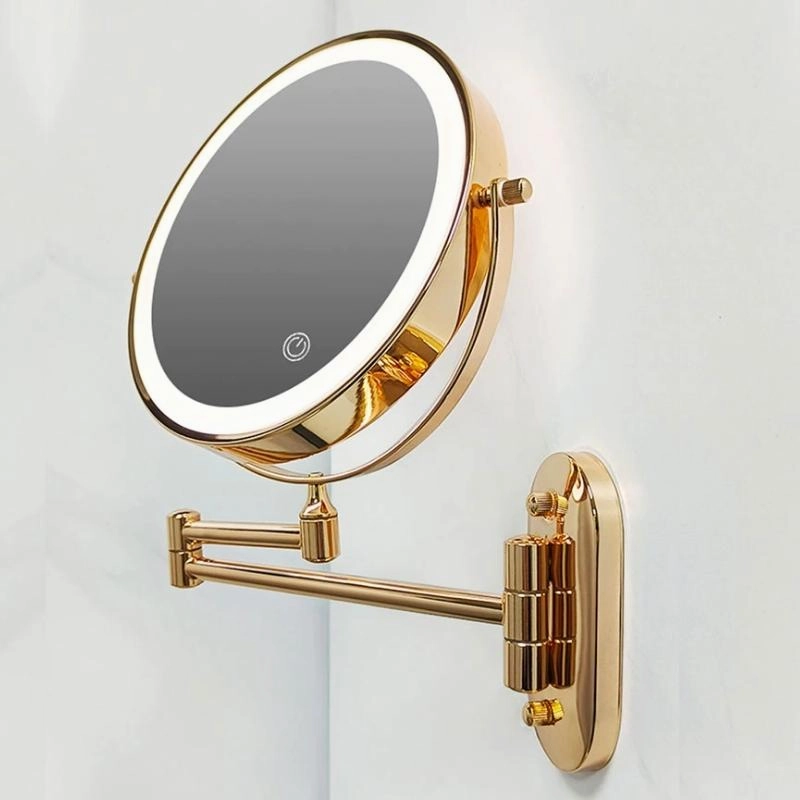 Gold Rechargeable LED Magnifying Mirror – Wall-Mounted Vanity Mirror with Adjustable Lighting & 360° Rotation