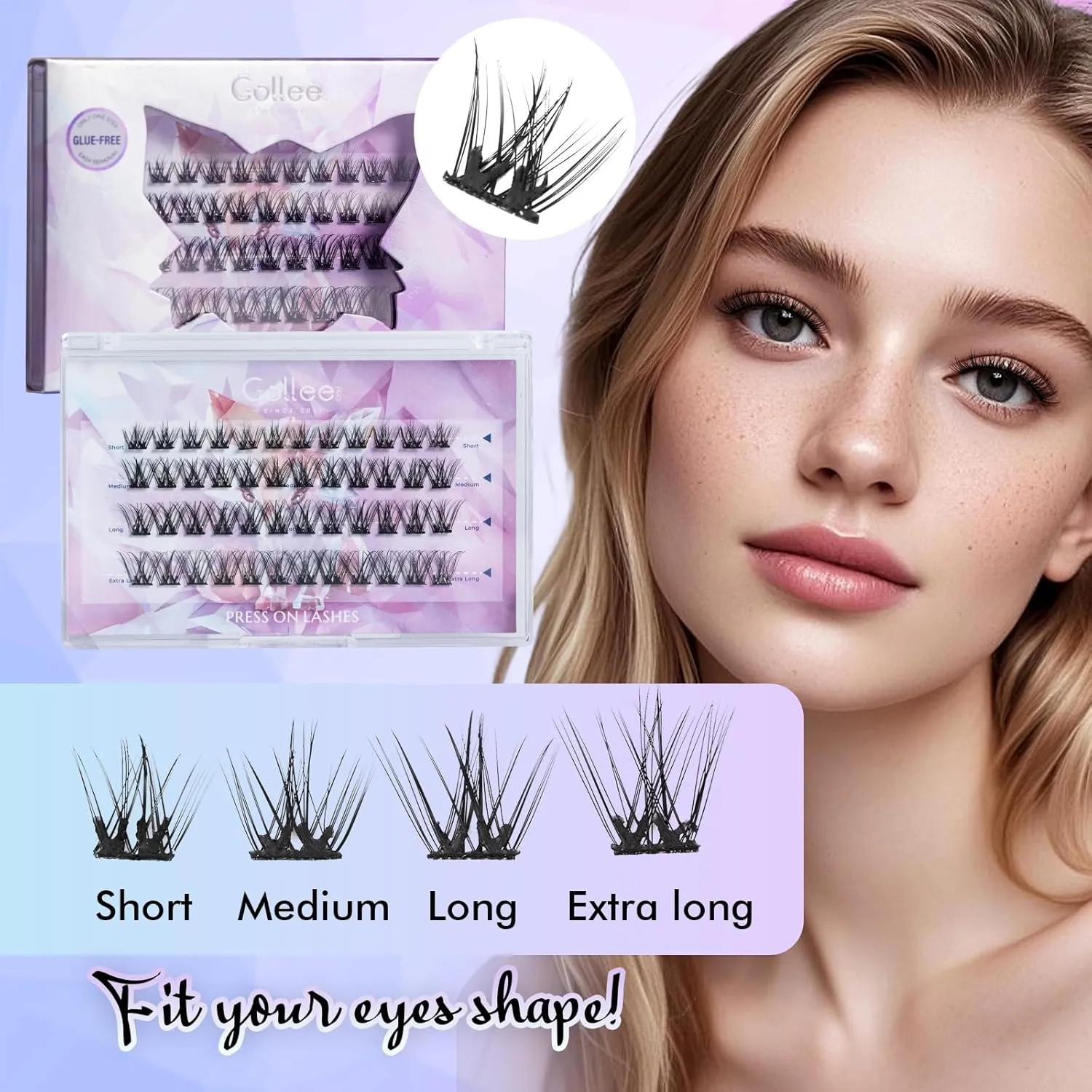 Gollee Self Adhesive Eyelashes 10-16mm | No Glue Needed Pre-Glued Lash Clusters | 48 Clusters Wispy Natural Look | Reusable Beginner Friendly No Residue