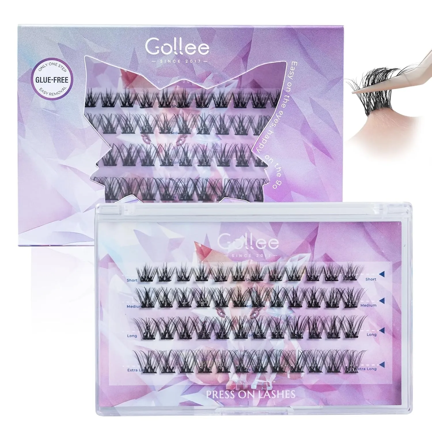 Gollee Self Adhesive Eyelashes 10-16mm | No Glue Needed Pre-Glued Lash Clusters | 48 Clusters Wispy Natural Look | Reusable Beginner Friendly No Residue