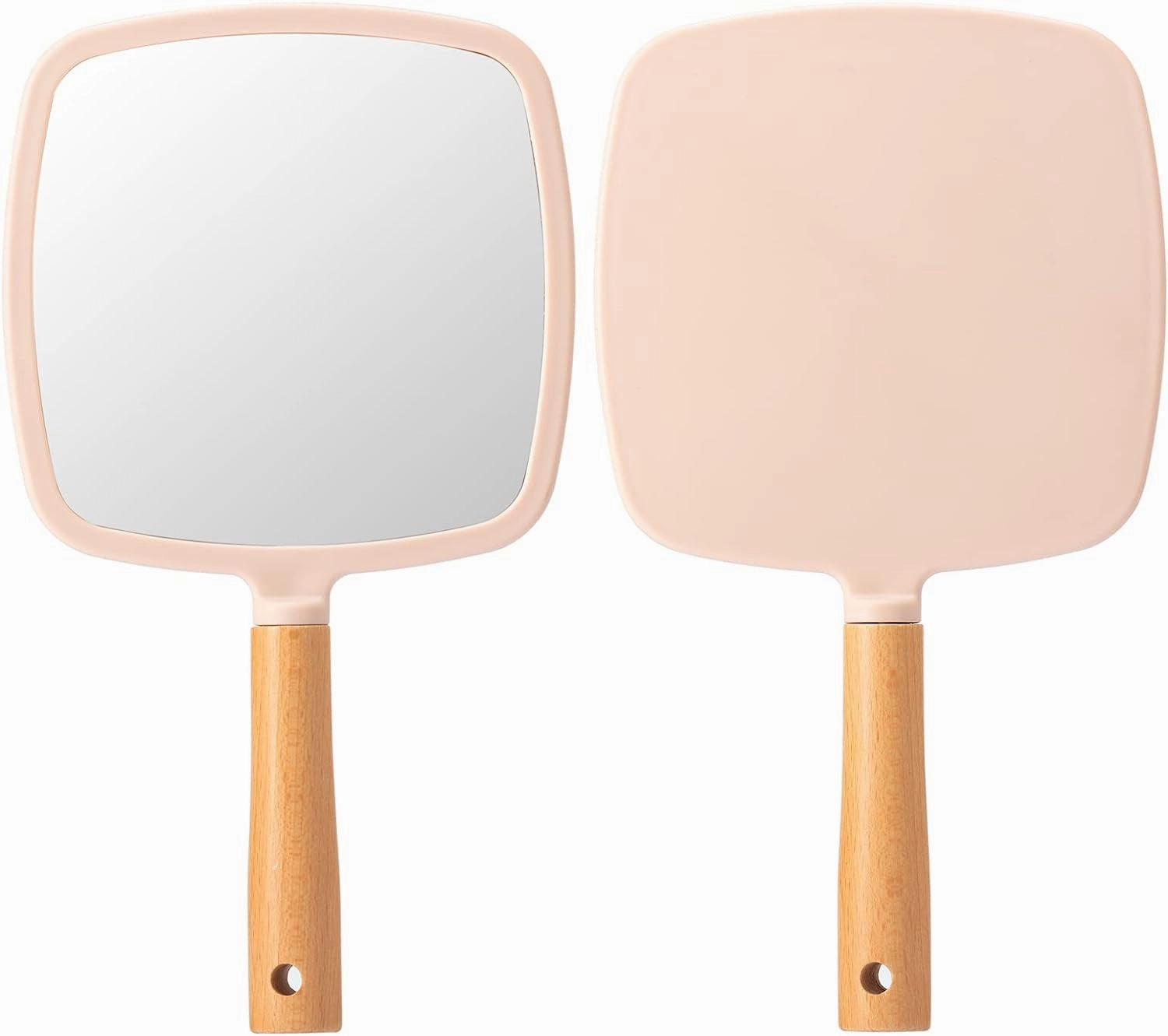 Hand Held Mirror with Handle for Makeup,Small Cute Wood Hand Mirror for Shaving with Hole Hanging Single-Sided Portable Travel Vanity Mirror for Men&Women(Square)