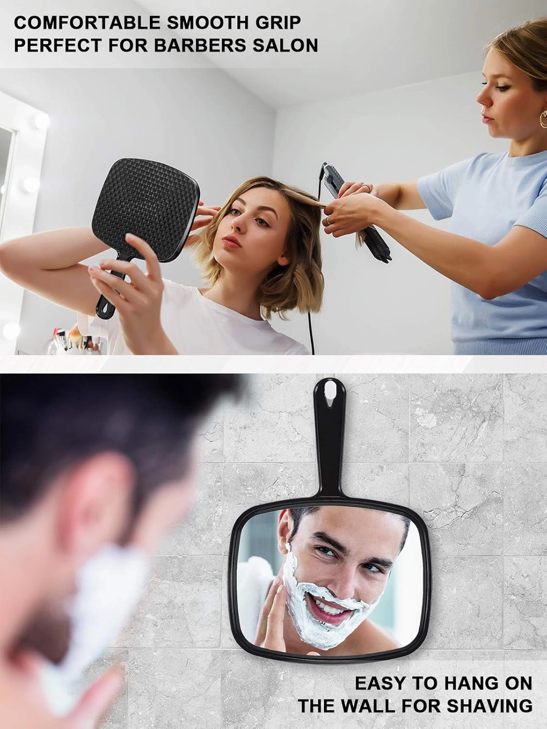 Hand Mirror, Barber Hairdressing Handheld Mirror with Handle for Salon, Square, Black, Medium