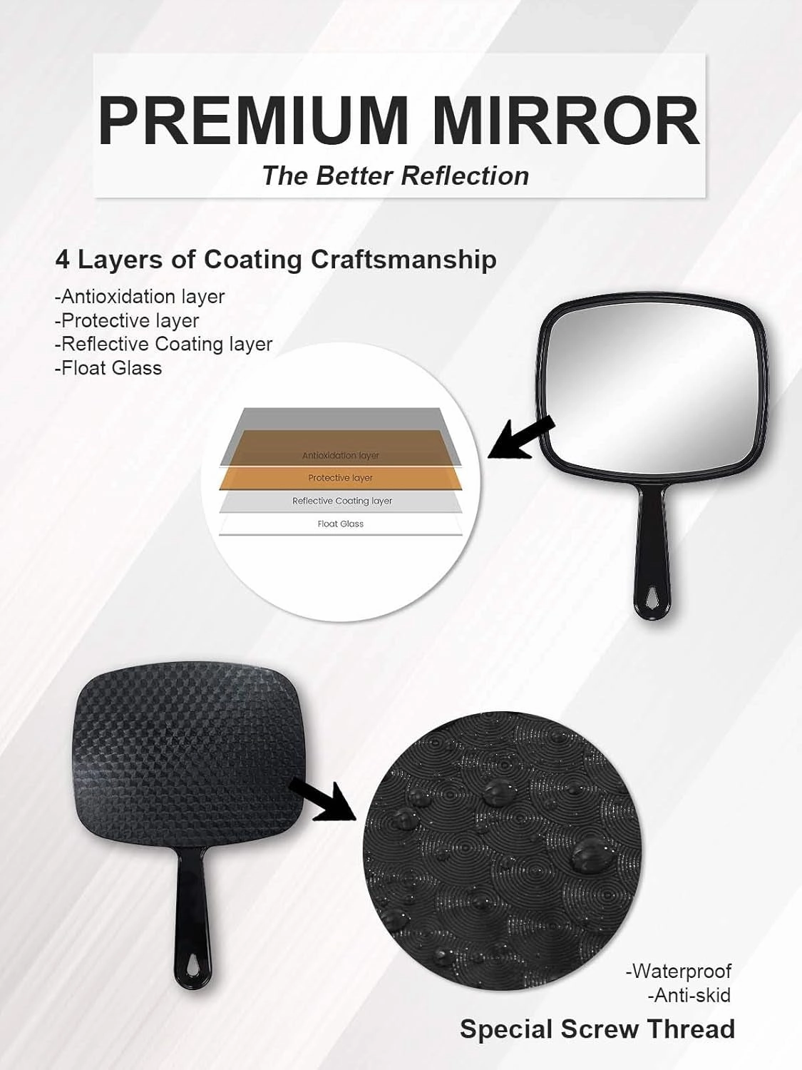 Hand Mirror, Barber Hairdressing Handheld Mirror with Handle for Salon, Square, Black, Medium