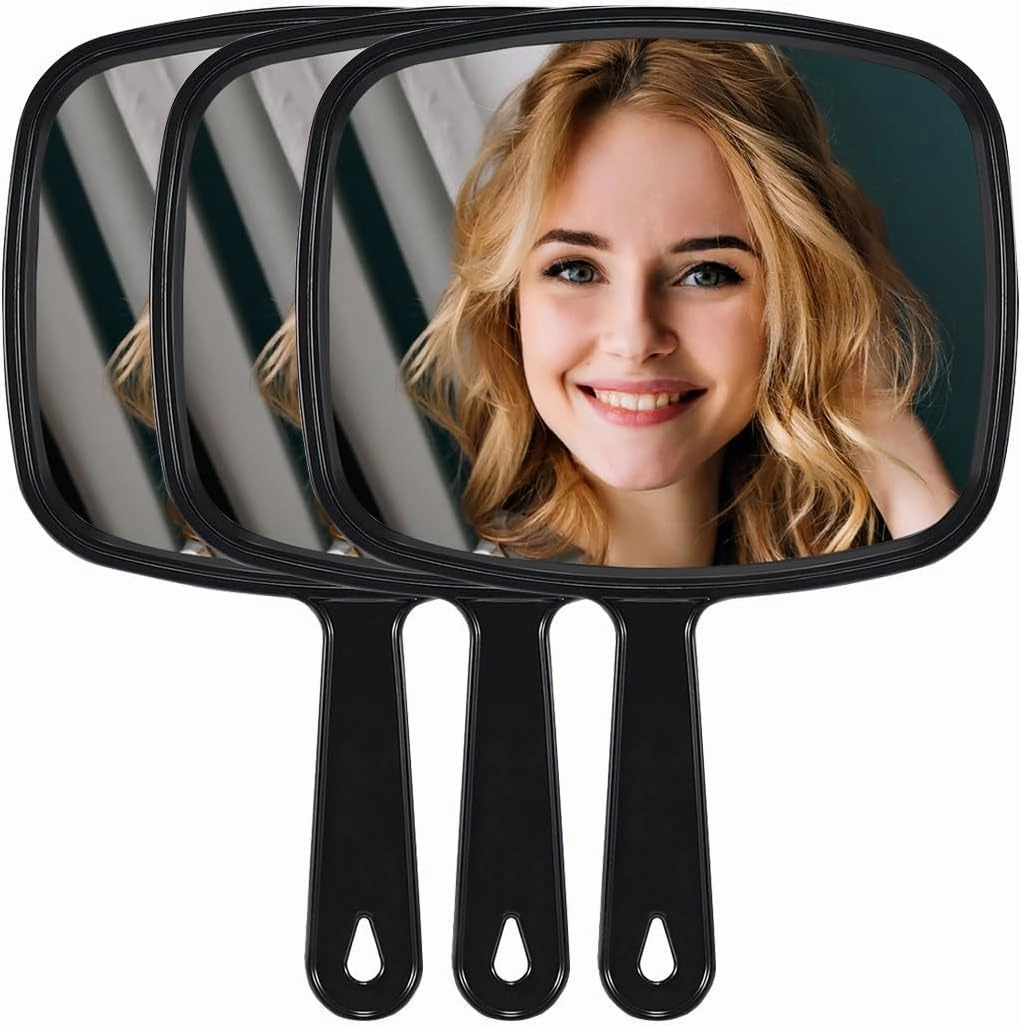 Hand Mirror, Barber Hairdressing Handheld Mirror with Handle for Salon, Square, Black, Medium