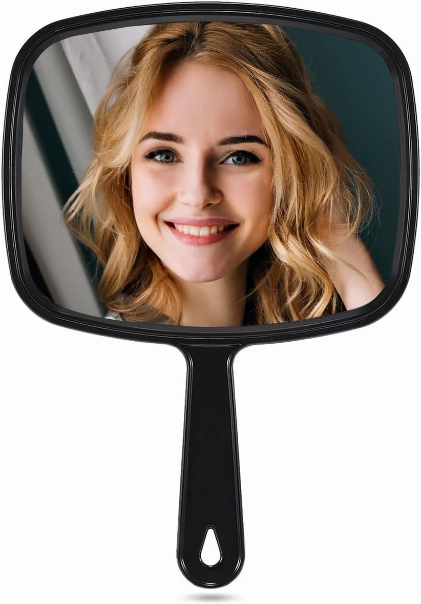 Hand Mirror, Barber Hairdressing Handheld Mirror with Handle for Salon, Square, Black, Medium