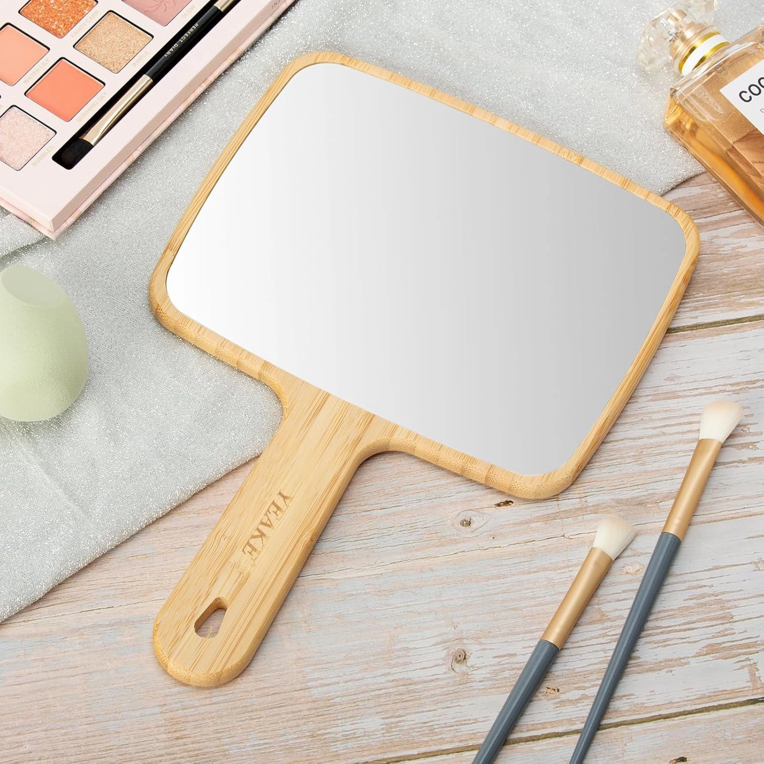 Hand Mirror,Natural Bamboo Handheld Mirror with Handle, Single-Sided Portable Travel Vanity Mirror for Men & Women,6.9" W X 9.9" L