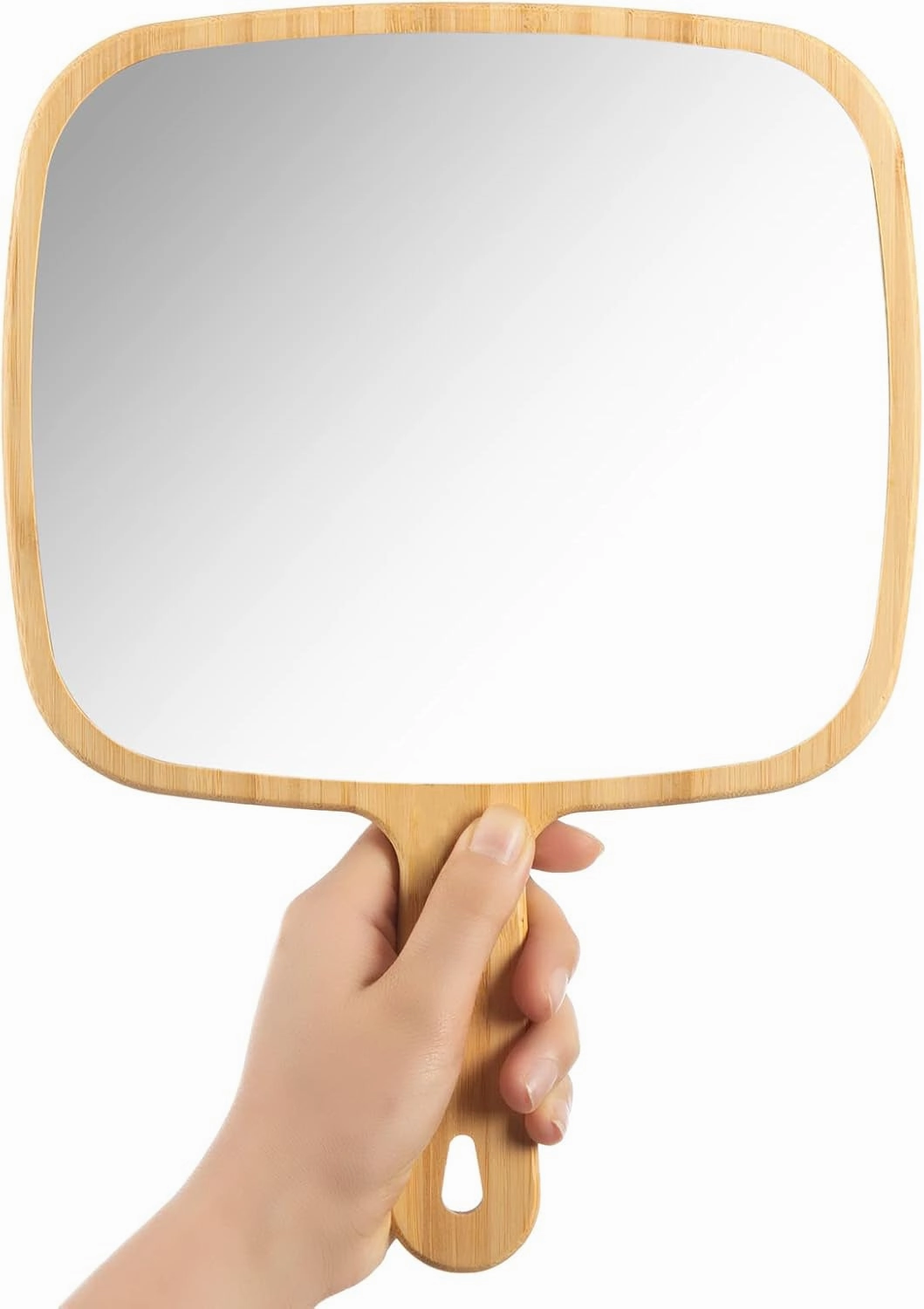 Hand Mirror,Natural Bamboo Handheld Mirror with Handle, Single-Sided Portable Travel Vanity Mirror for Men & Women,6.9" W X 9.9" L