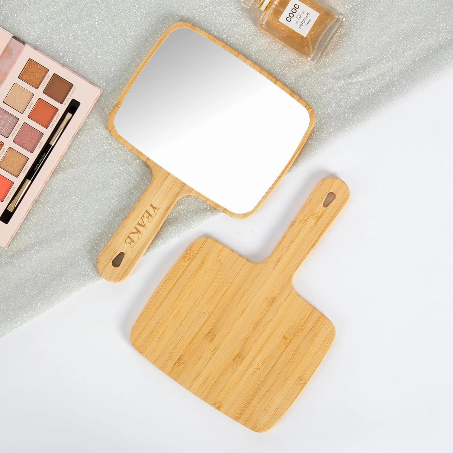 Hand Mirror,Natural Bamboo Handheld Mirror with Handle, Single-Sided Portable Travel Vanity Mirror for Men & Women,6.9" W X 9.9" L