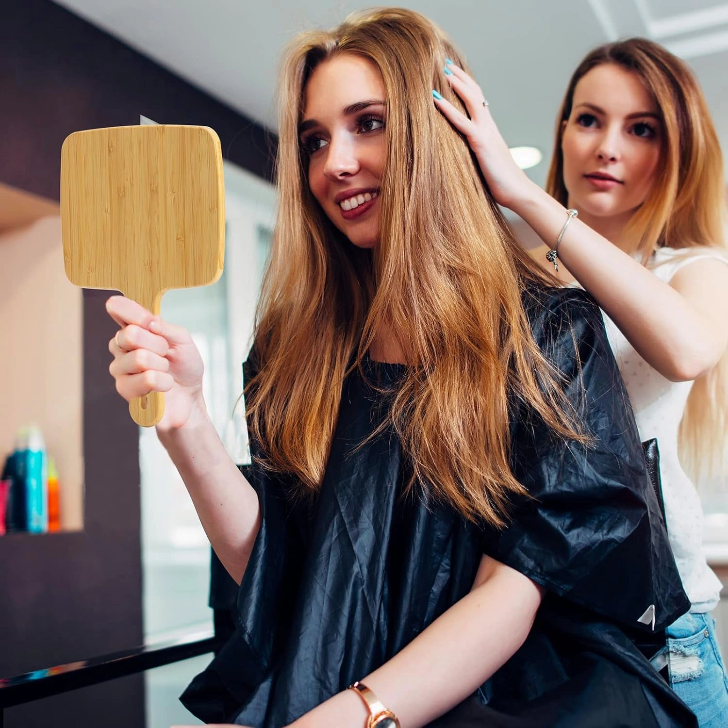Hand Mirror,Natural Bamboo Handheld Mirror with Handle, Single-Sided Portable Travel Vanity Mirror for Men & Women,6.9" W X 9.9" L