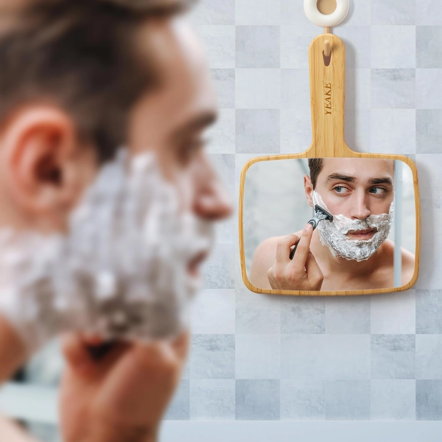 Hand Mirror,Natural Bamboo Handheld Mirror with Handle, Single-Sided Portable Travel Vanity Mirror for Men & Women,6.9" W X 9.9" L