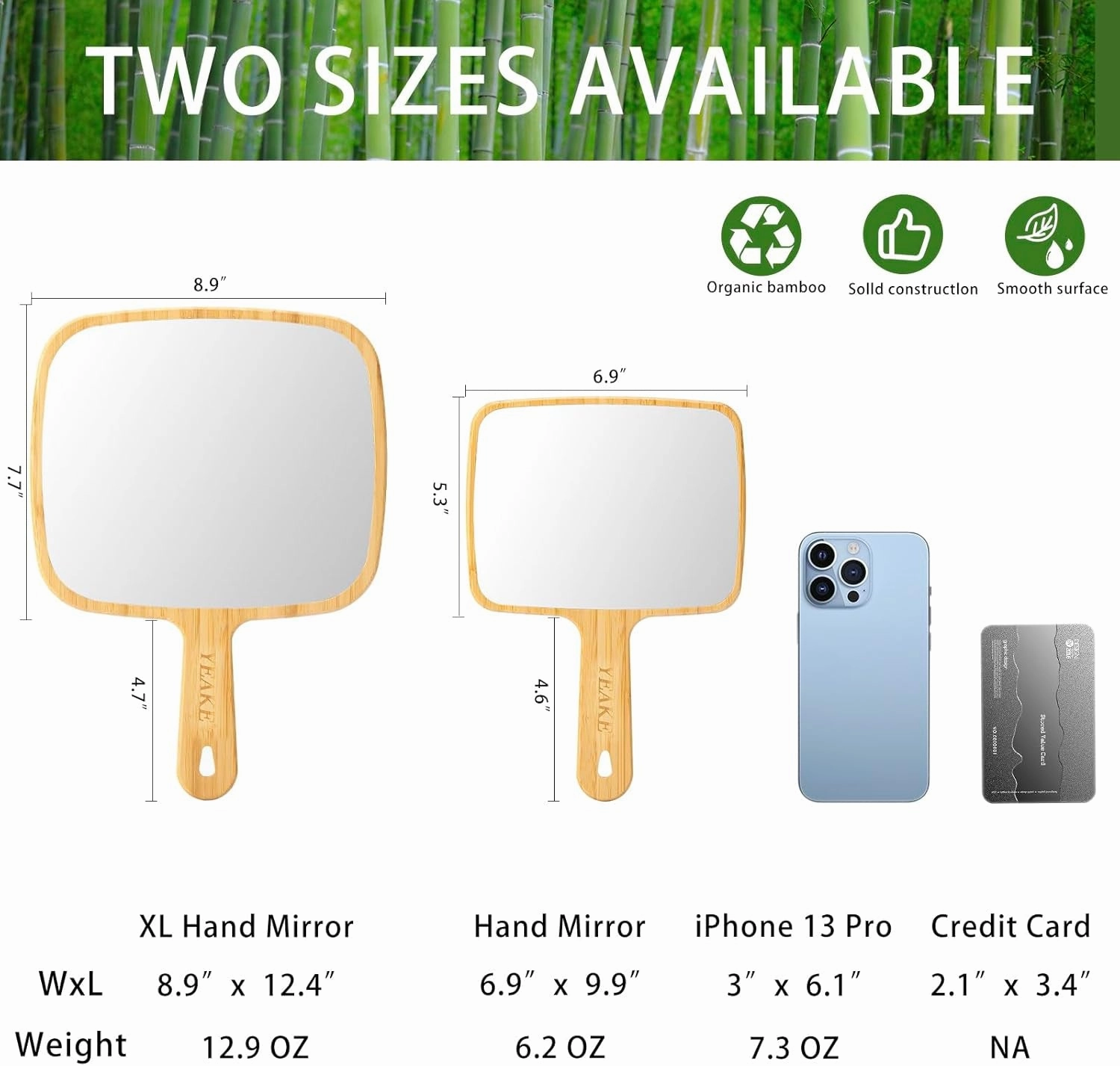 Hand Mirror,Natural Bamboo Handheld Mirror with Handle, Single-Sided Portable Travel Vanity Mirror for Men & Women,6.9" W X 9.9" L