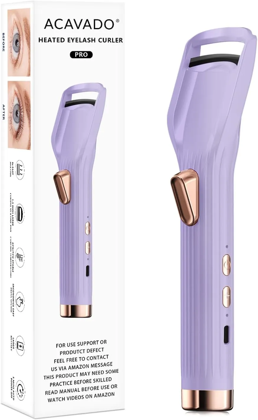 Heated Eyelash Curler Premium PRO - Fast Heat up in 8s - 24 Hours Long Lasting - Rechargeable Electric Eyelash Curler with Type-C, 2 Heat Modes, Anti-Burn Eyelid, Purple-A