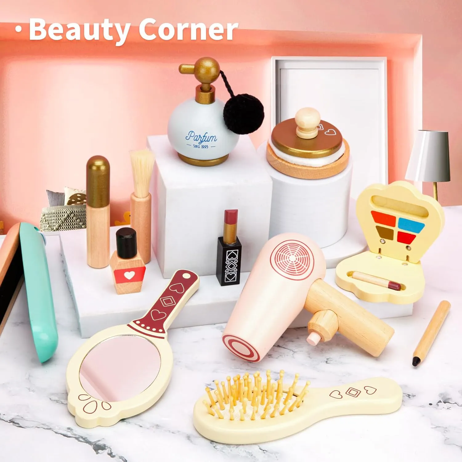 HEELWIRE Wooden Makeup Toy Set for Kids, Girls Imaginative Pretend Beauty Makeup Set Toys, Great Toys for Girls Ages 3 .