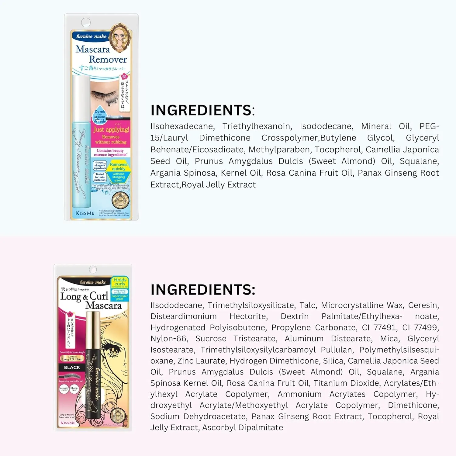 HEROINE MAKE by KISSME Mascara Duo Set | 2 Full-Size - Long & Curl Up Waterproof Mascara Black, Lengthening & Volume Fiber Tubing Mascara   Gentle Eye Makeup Remover for Waterproof Mascara