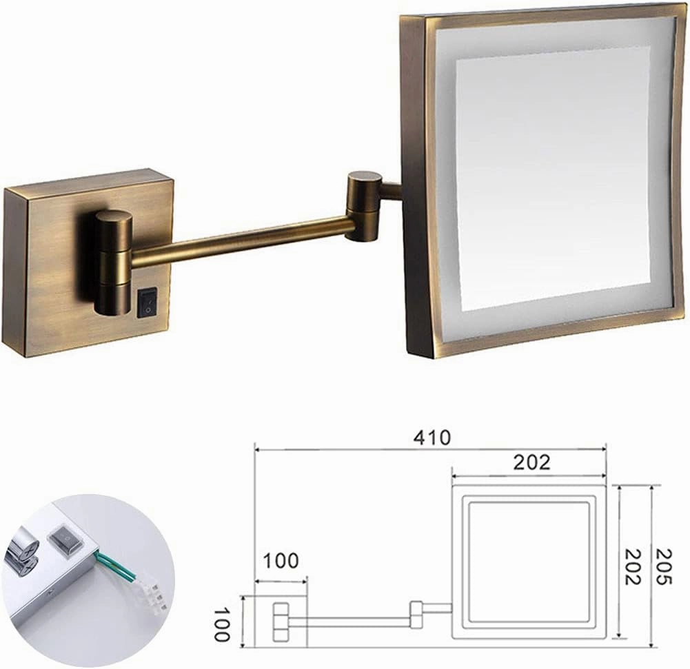 inBEKEA Wall Mounted Mirrors Makeup Shaving Mirror LED Lighted Bathroom Mirror for Hotel Vanity with Adjustable Extendable Square 8 Inch 3X Magnification Cosmetic Mirror