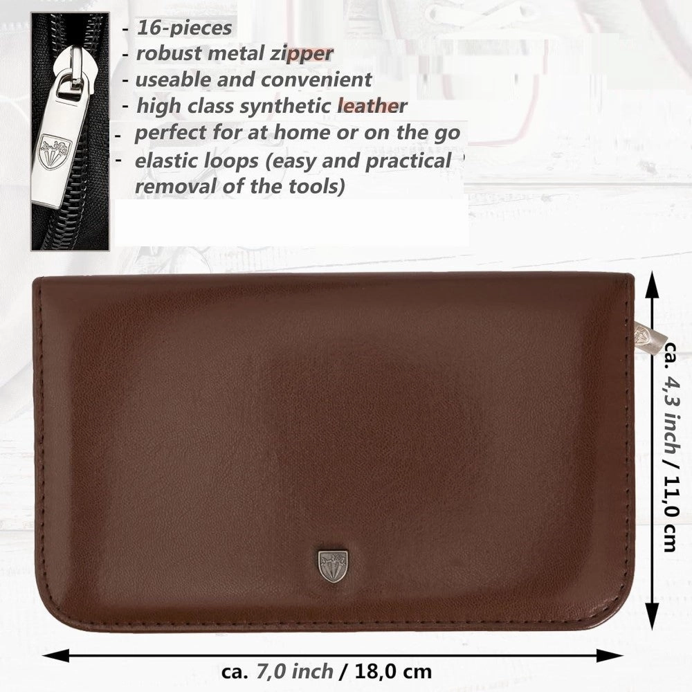 Kellermann 3 Swords Manicure Set: 16 Premium Nail Tools in Brown Leather Look Case 9205 P N