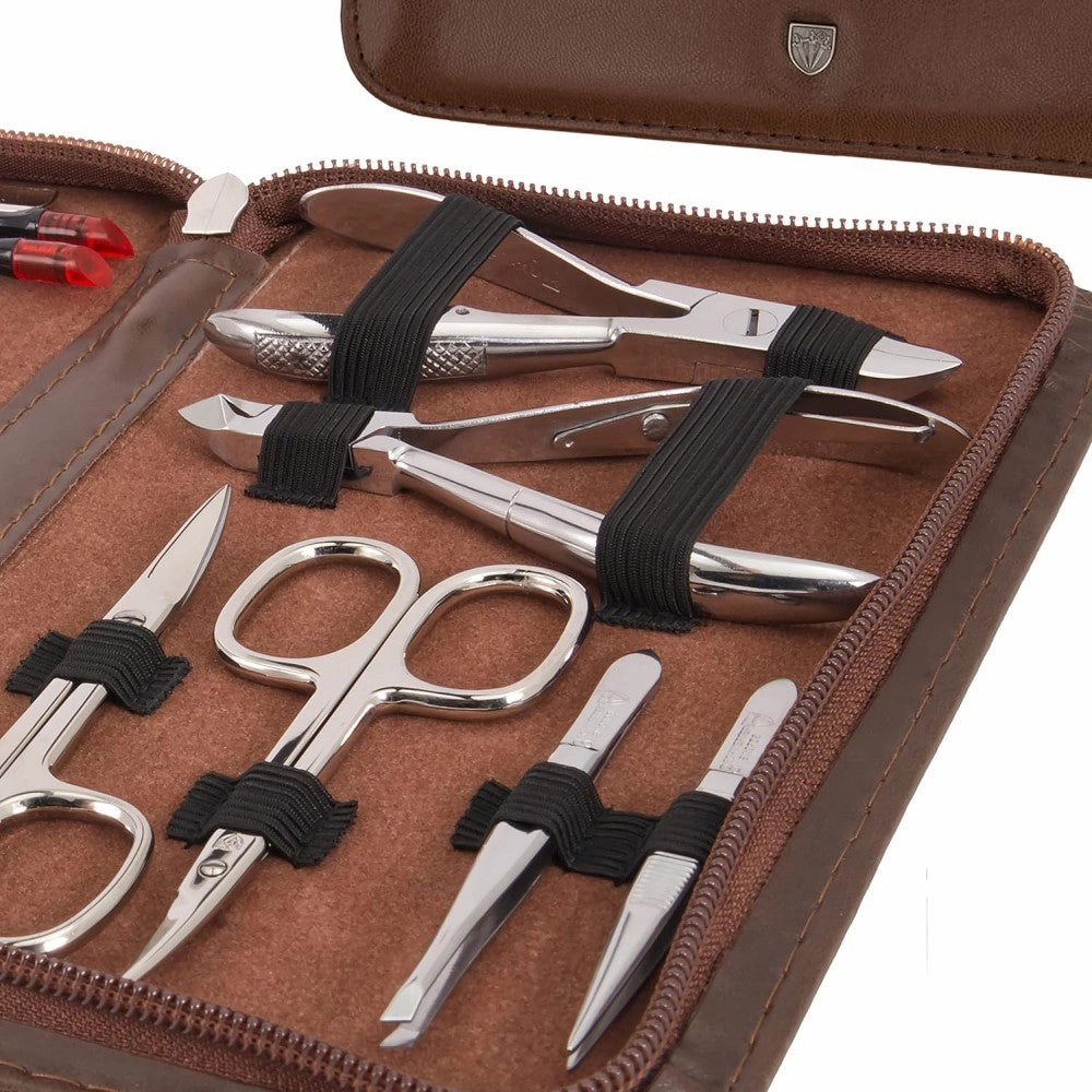Kellermann 3 Swords Manicure Set: 16 Premium Nail Tools in Brown Leather Look Case 9205 P N
