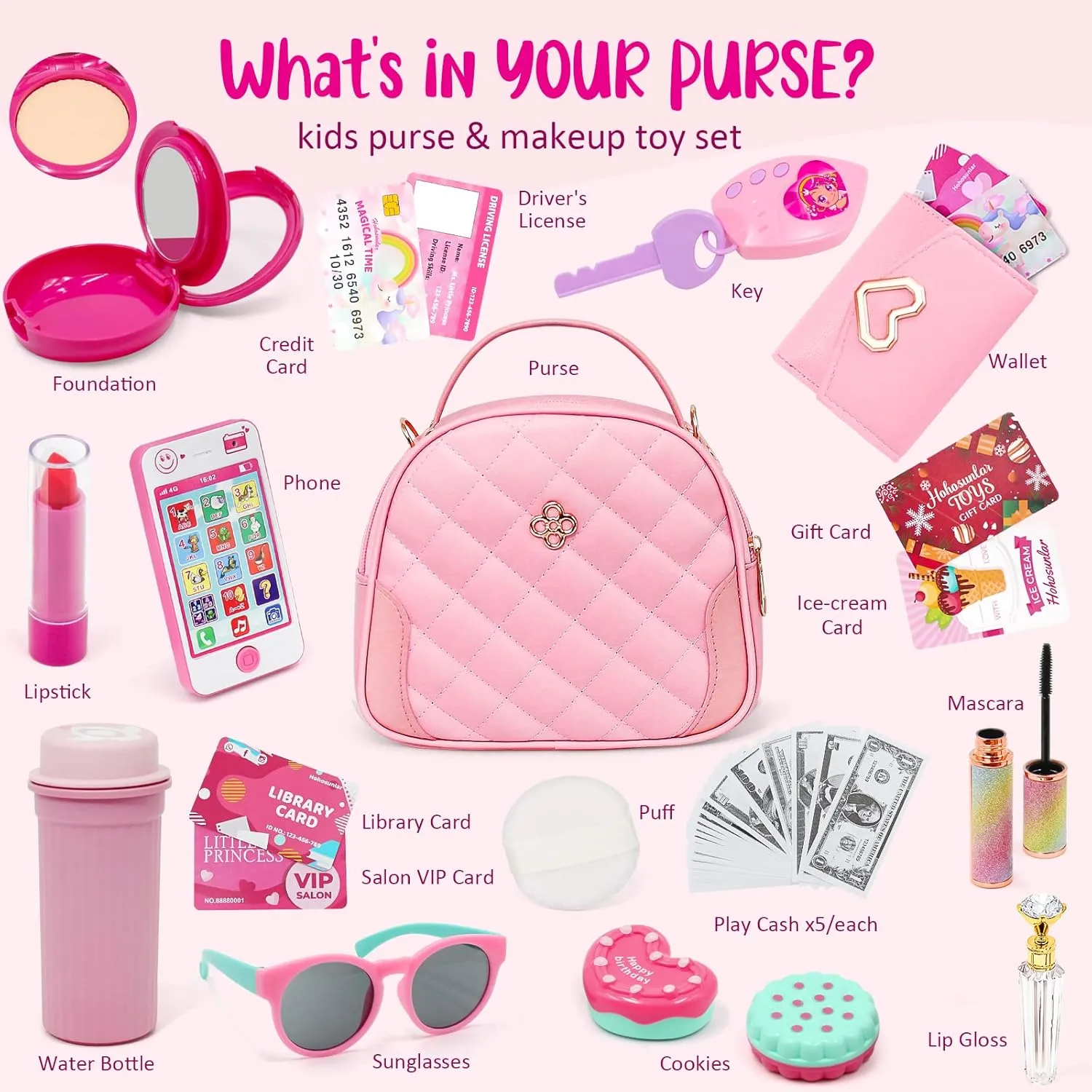 Kids Pretend Play Little Girl Purse Accessories, Princess Toy Cell Phone w/ Light & Sound, Fake Makeup, Wallet, Keys, Credit Card, Play Water Bottle Christmas Birthday Gift Toys for Girls