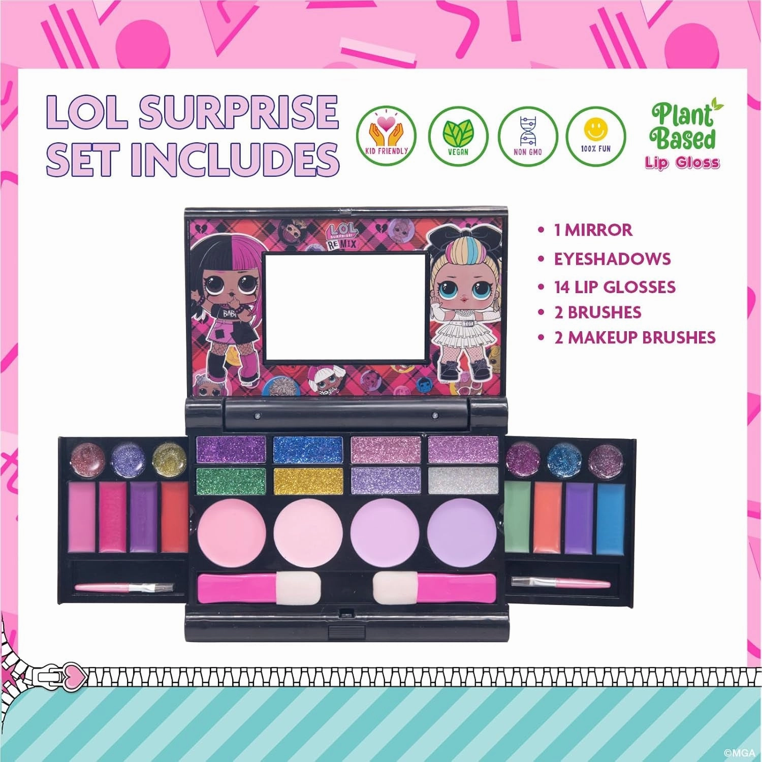 L.O.L. Surprise! Cosmetic Compact Set Includes Mirror, 14 Lip Glosses, 8 Eye Shadow, 4 Blushes & 4 Brushes Colorful Portable Foldable Makeup Beauty Kit for Girls,
