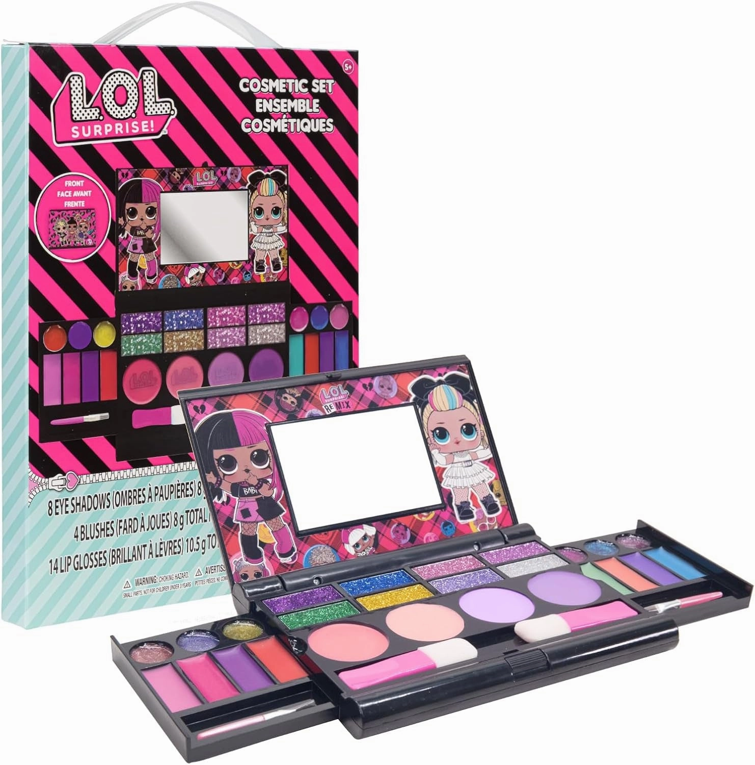 L.O.L. Surprise! Cosmetic Compact Set Includes Mirror, 14 Lip Glosses, 8 Eye Shadow, 4 Blushes & 4 Brushes Colorful Portable Foldable Makeup Beauty Kit for Girls,