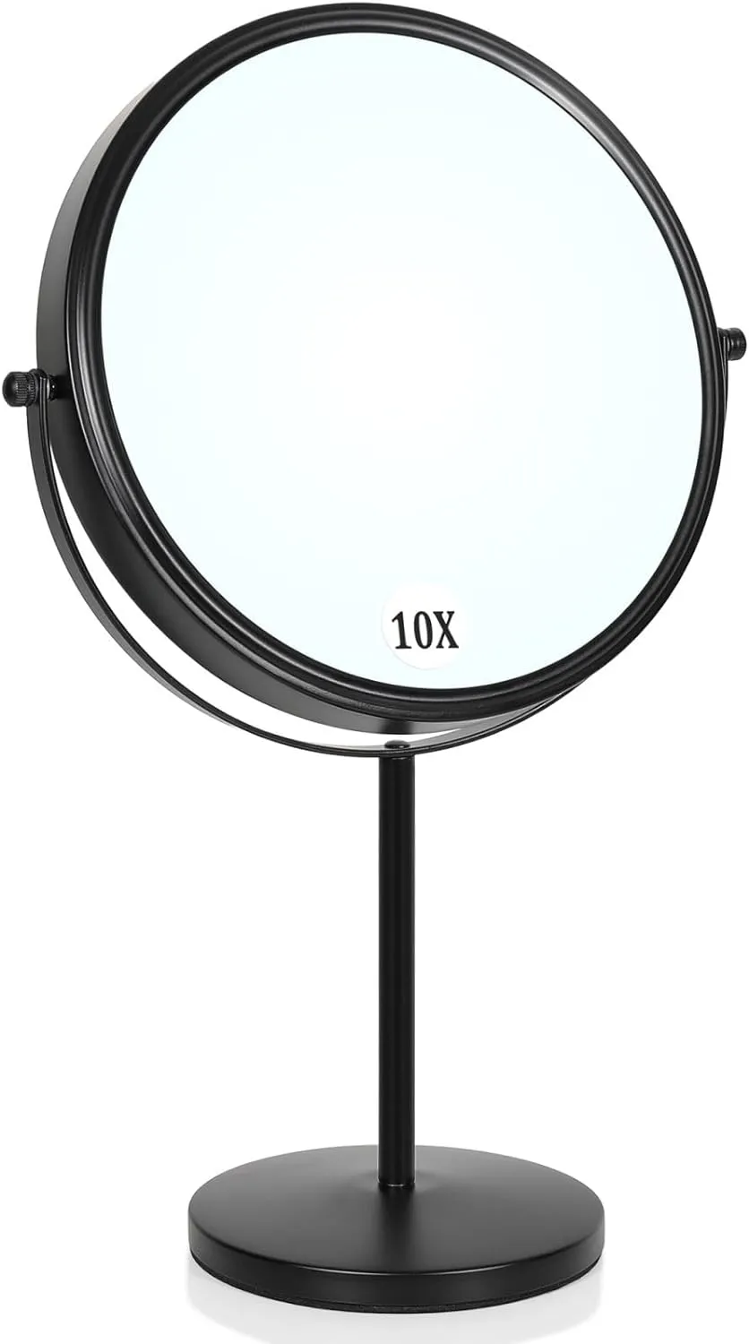 Large Size Tabletop Makeup Mirror with Magnification, 9-Inch Double-Sided 360° Swivel Free Standing Vanity Mirror, 1X/10X Magnifying Mirror with Stand for Bathroom & Bedroom, Matte Black, No Light