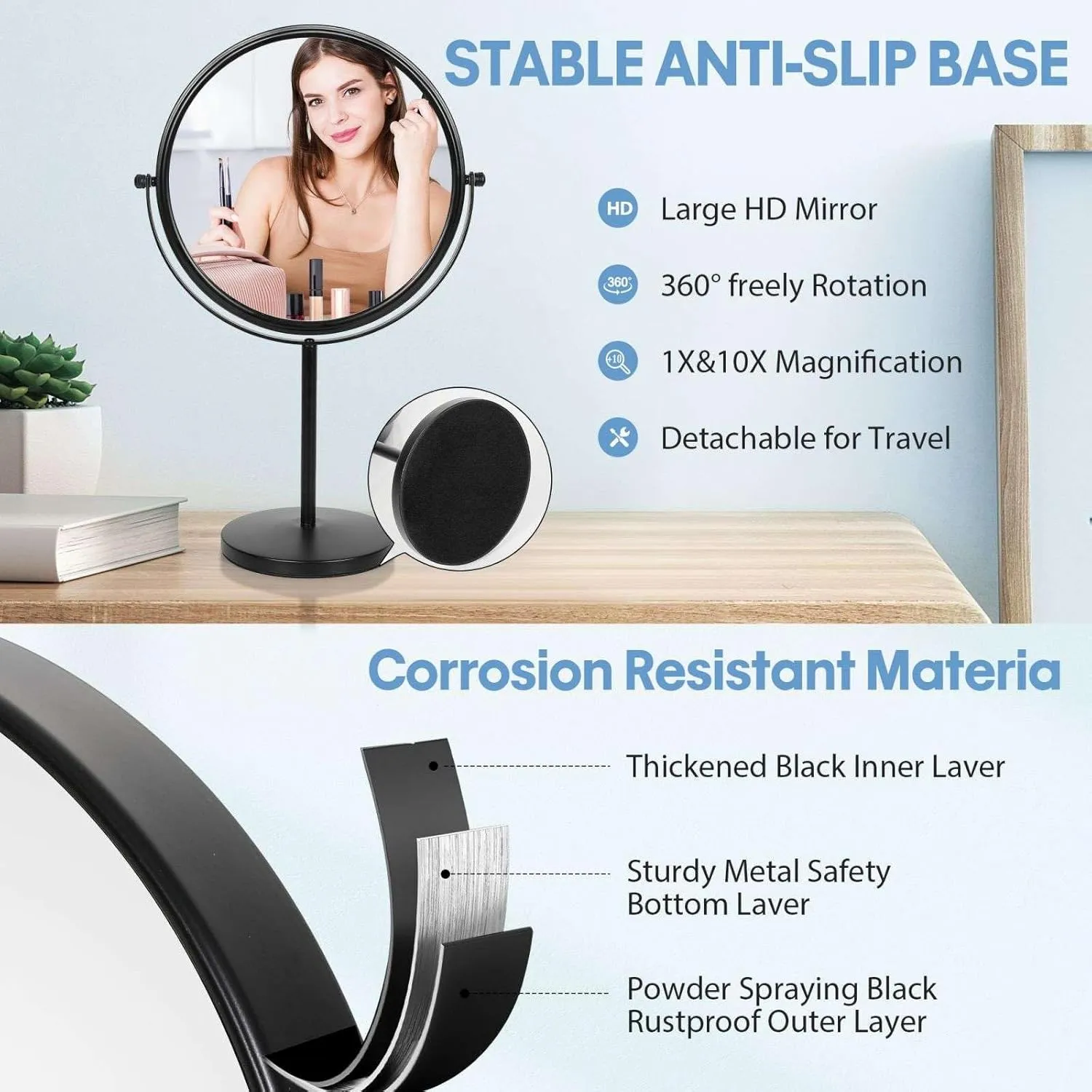 Large Size Tabletop Makeup Mirror with Magnification, 9-Inch Double-Sided 360° Swivel Free Standing Vanity Mirror, 1X/10X Magnifying Mirror with Stand for Bathroom & Bedroom, Matte Black, No Light