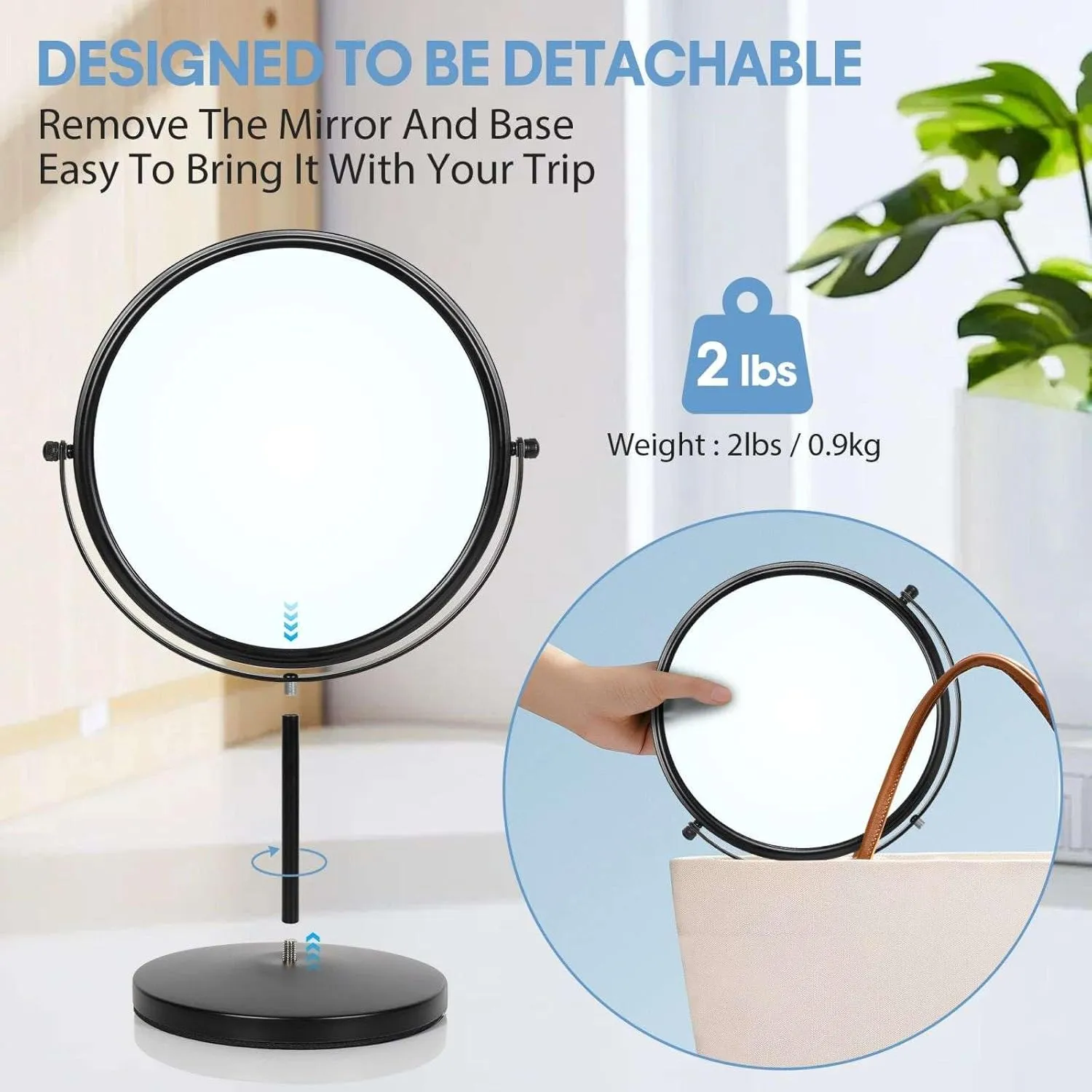 Large Size Tabletop Makeup Mirror with Magnification, 9-Inch Double-Sided 360° Swivel Free Standing Vanity Mirror, 1X/10X Magnifying Mirror with Stand for Bathroom & Bedroom, Matte Black, No Light