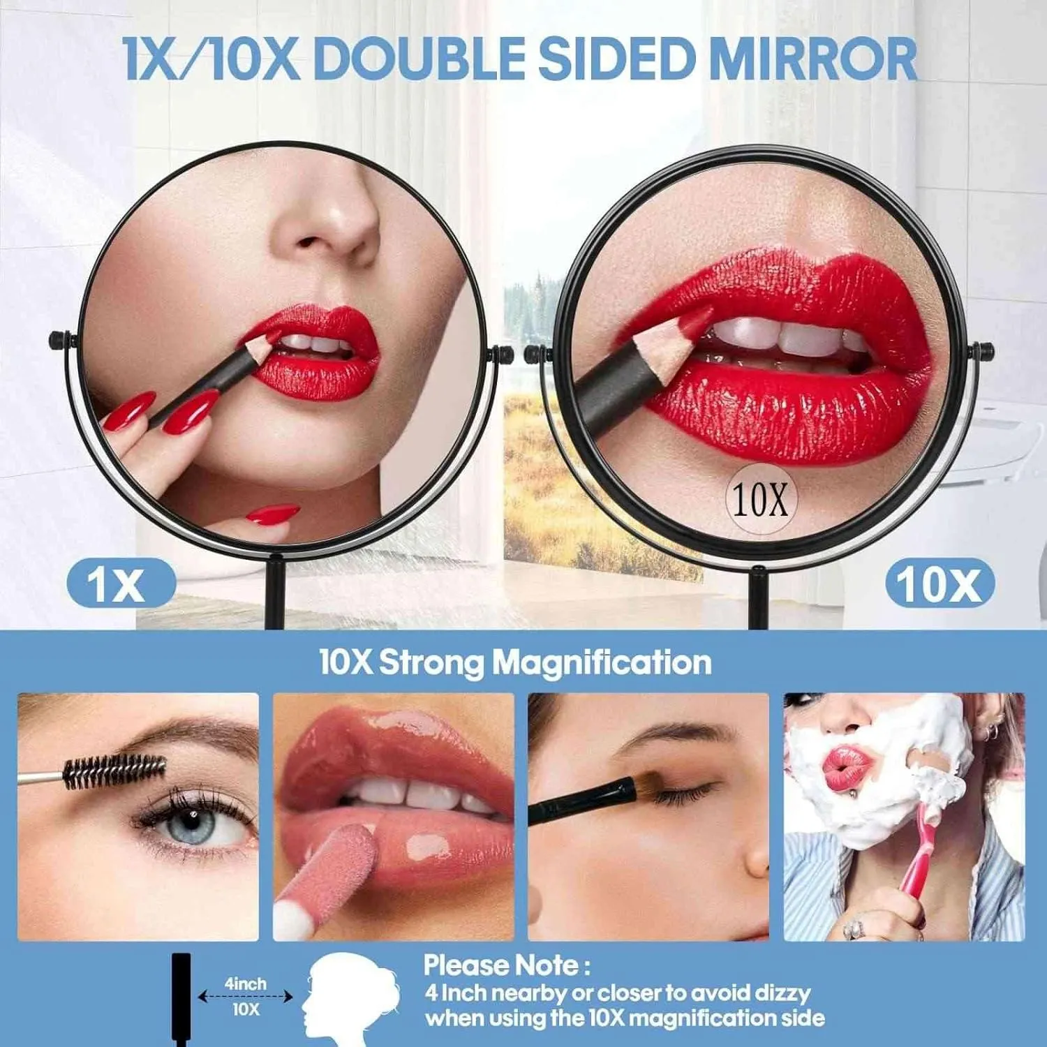 Large Size Tabletop Makeup Mirror with Magnification, 9-Inch Double-Sided 360° Swivel Free Standing Vanity Mirror, 1X/10X Magnifying Mirror with Stand for Bathroom & Bedroom, Matte Black, No Light