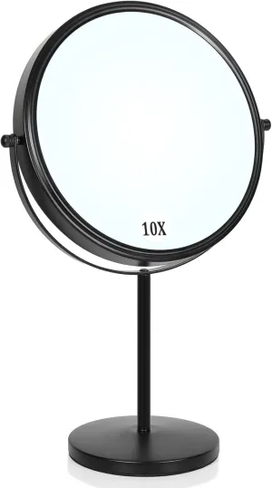 Large Size Tabletop Makeup Mirror with Magnification, 9-Inch Double-Sided 360° Swivel Free Standing Vanity Mirror, 1X/10X Magnifying Mirror with Stand for Bathroom & Bedroom, Matte Black, No Light