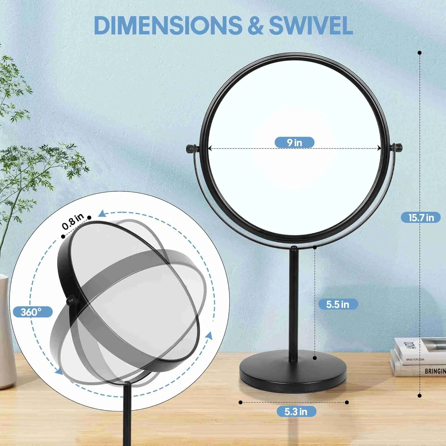 Large Size Tabletop Makeup Mirror with Magnification, 9-Inch Double-Sided 360° Swivel Free Standing Vanity Mirror, 1X/10X Magnifying Mirror with Stand for Bathroom & Bedroom, Matte Black, No Light