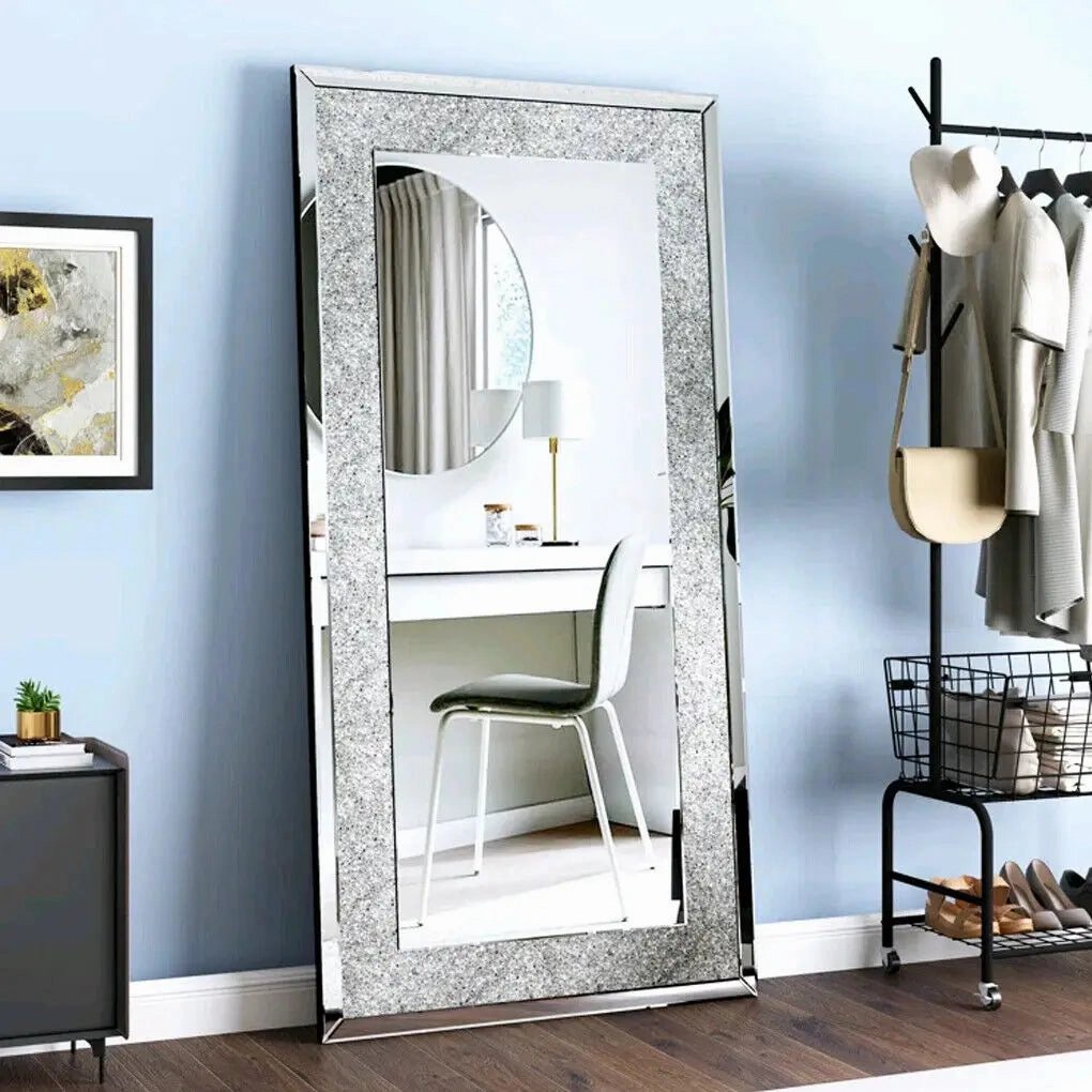 Large Silver Crystal Vanity Mirror for Bedroom Wall Mounted